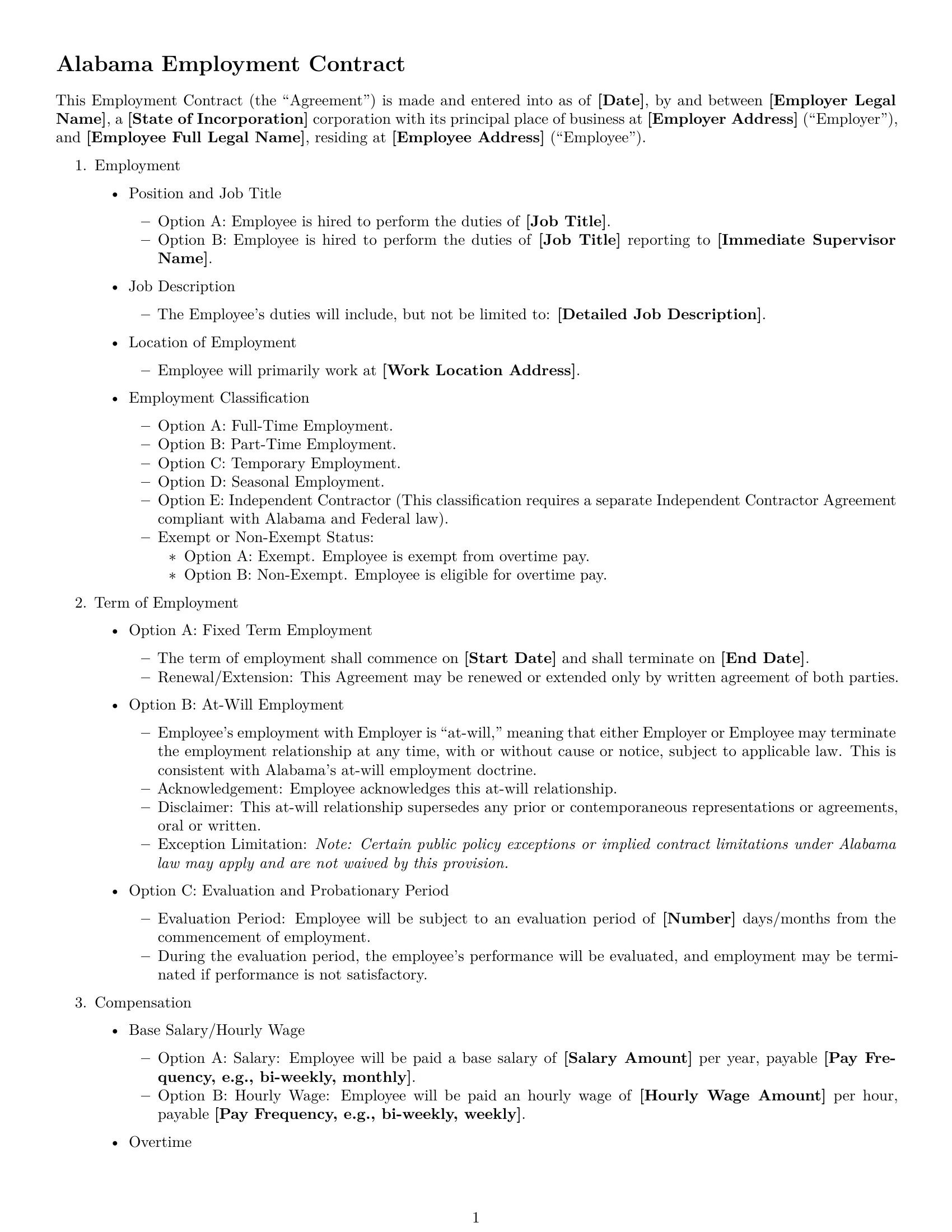 Preview page 1 of Free Alabama employment contract template
