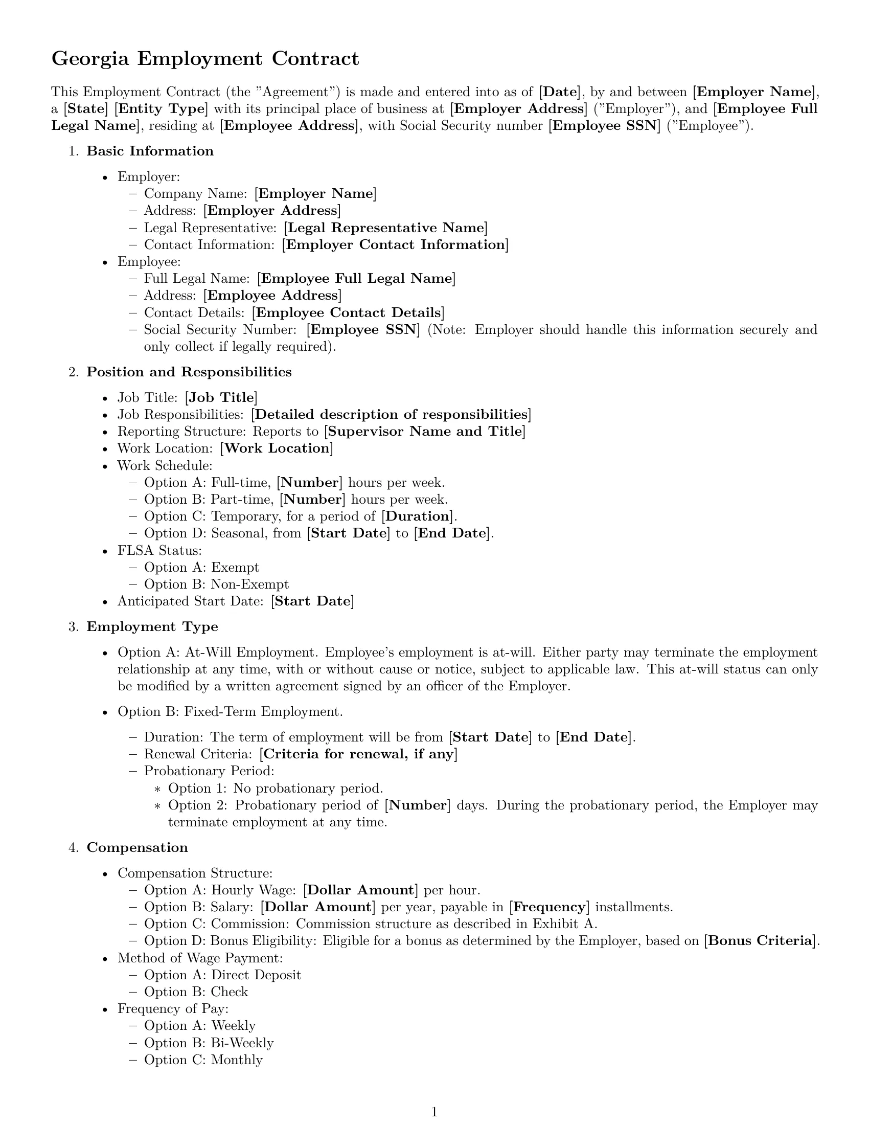 Preview page 1 of Free Georgia employment contract template