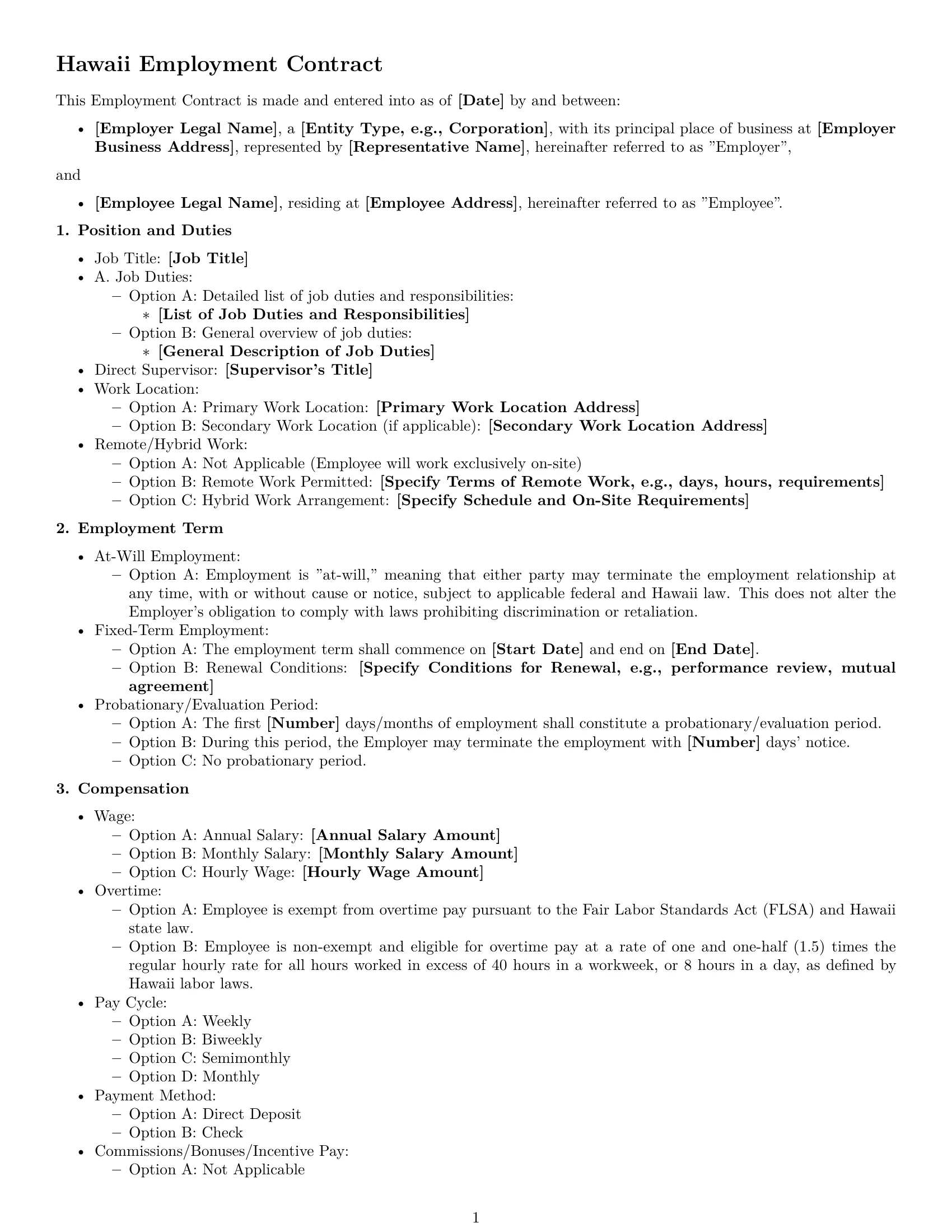 Preview page 1 of Free Hawaii employment contract template