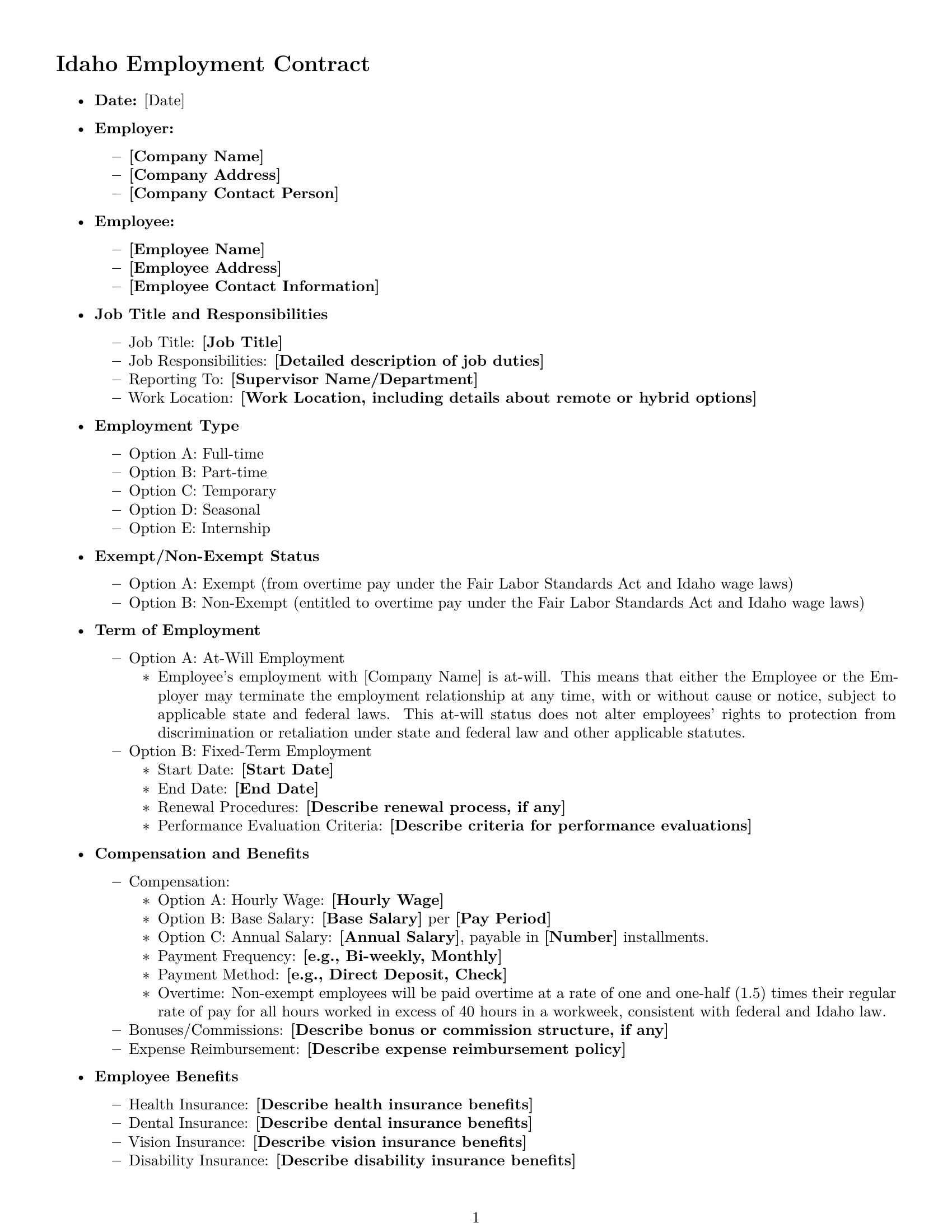 Preview page 1 of Free Idaho employment contract template