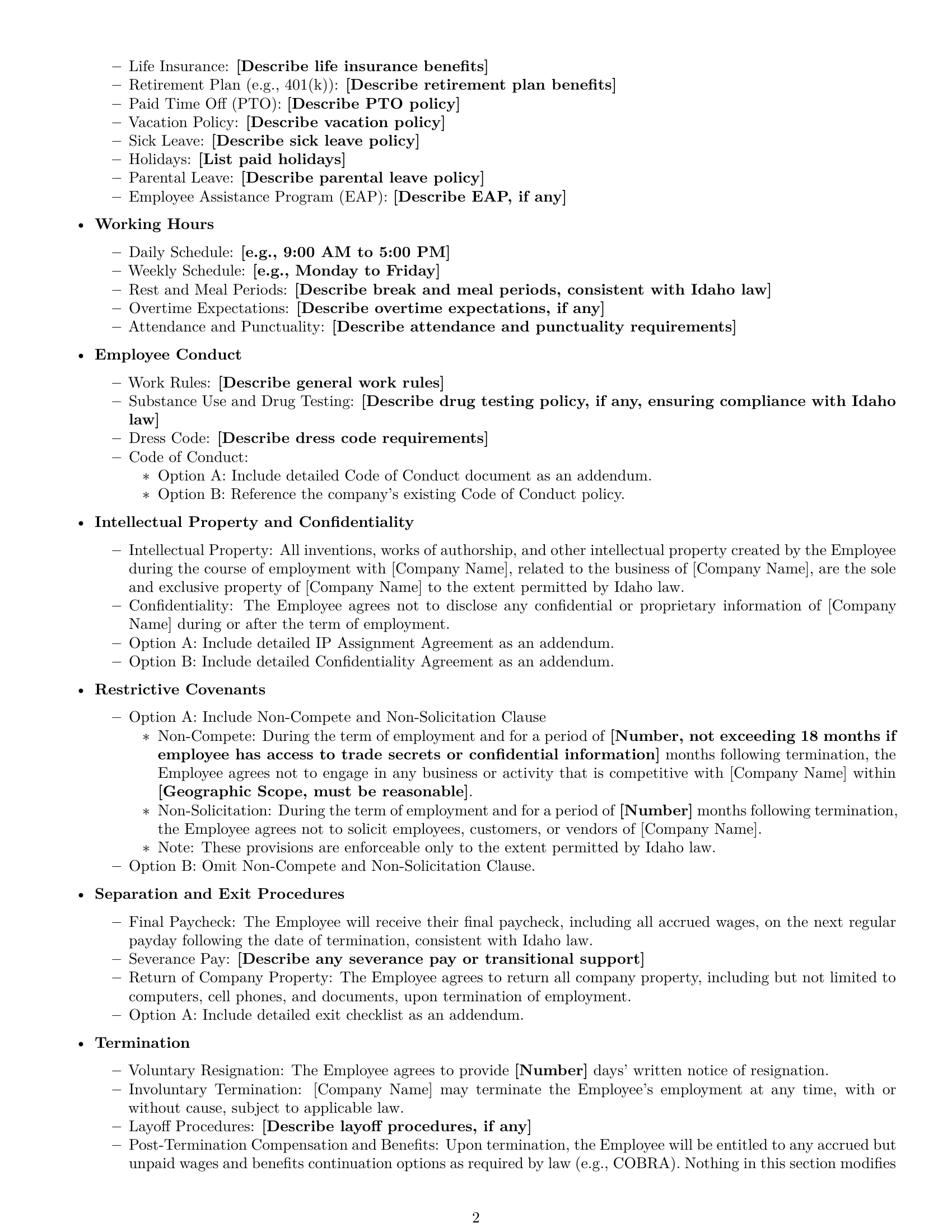 Preview page 2 of Free Idaho employment contract template