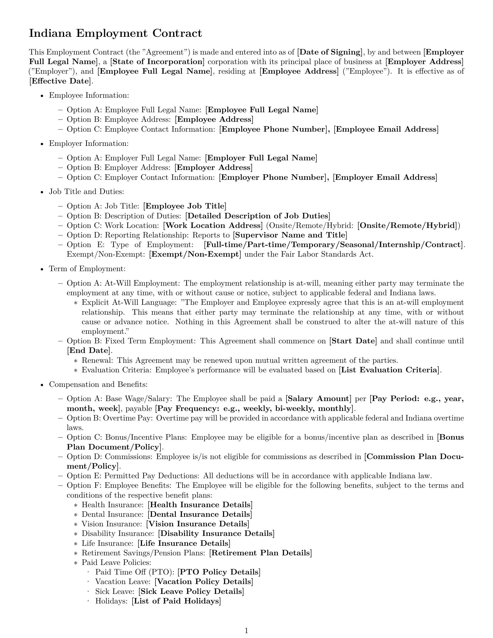 Preview page 1 of Free Indiana employment contract template