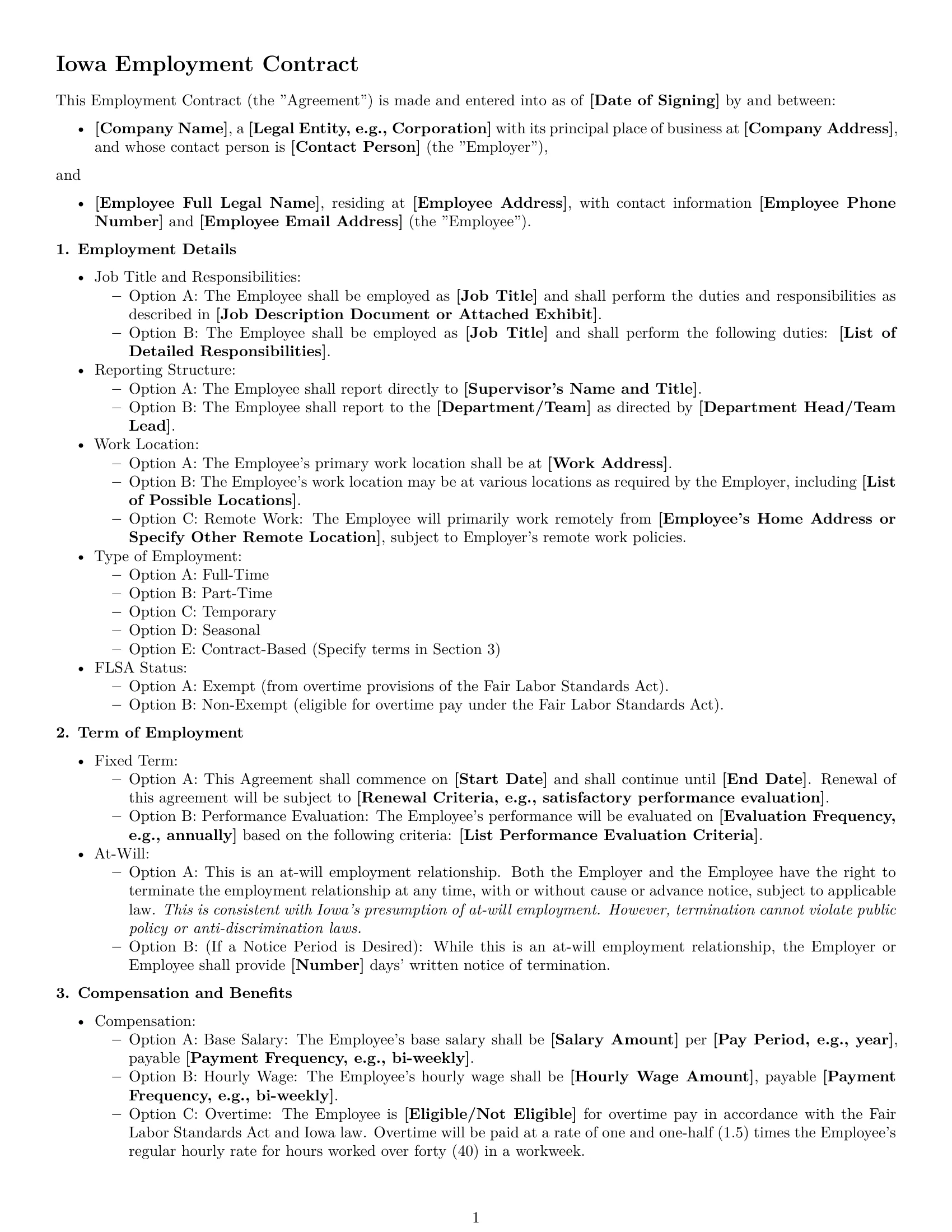 Preview page 1 of Free Iowa employment contract template