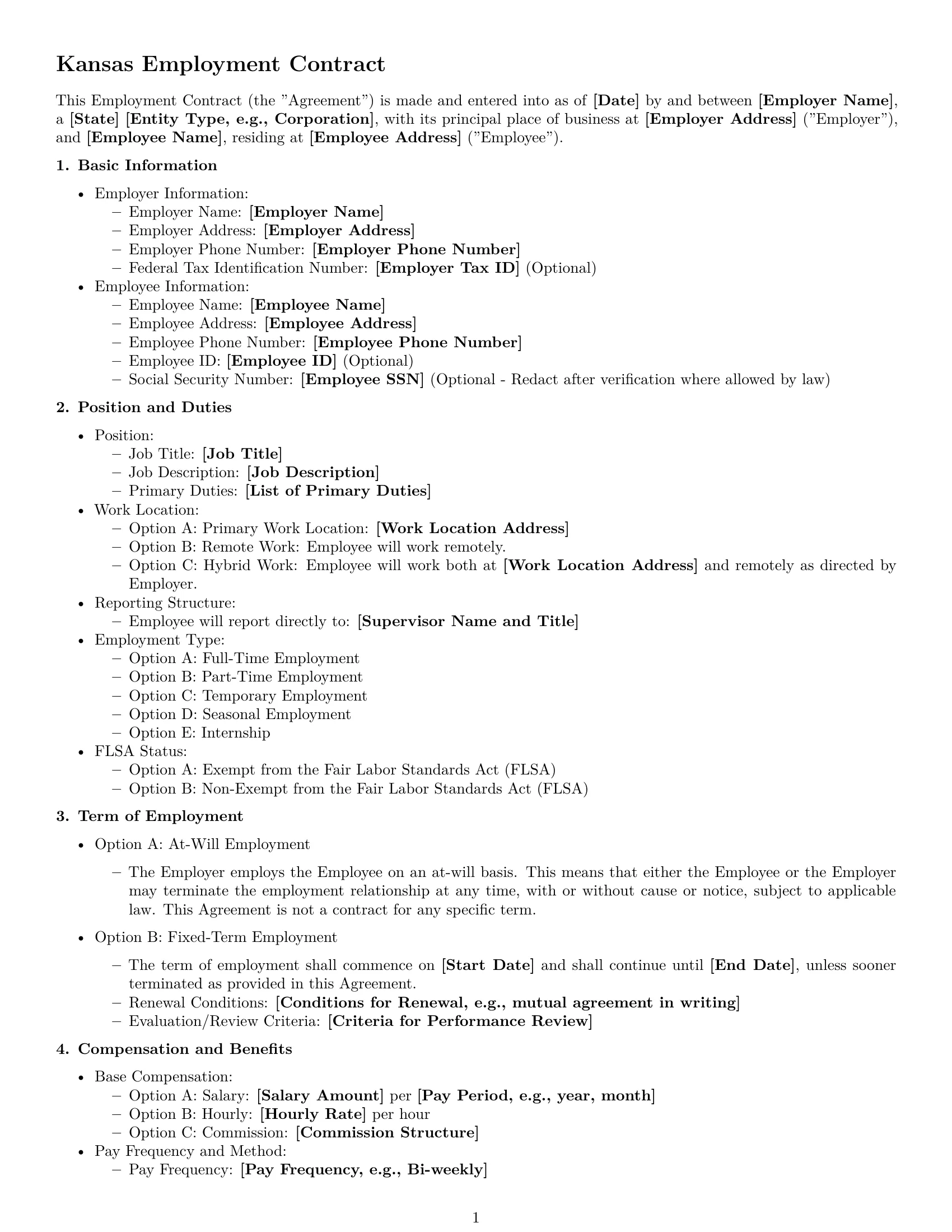 Preview page 1 of Free Kansas employment contract template