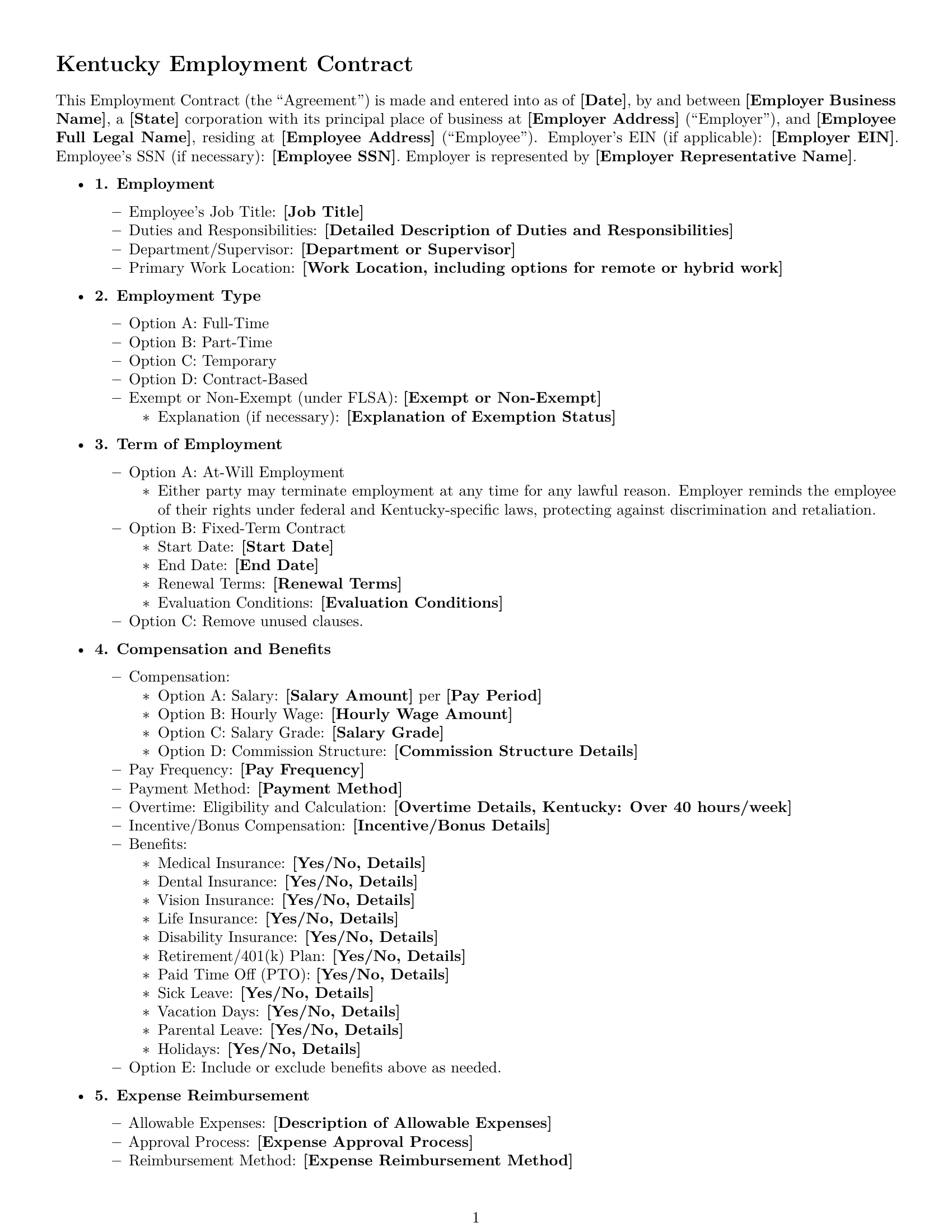 Preview page 1 of Free Kentucky employment contract template
