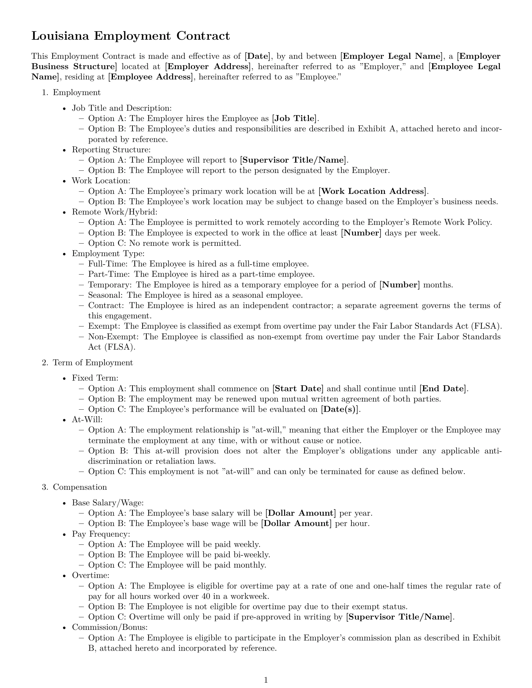 Preview page 1 of Free Louisiana employment contract template