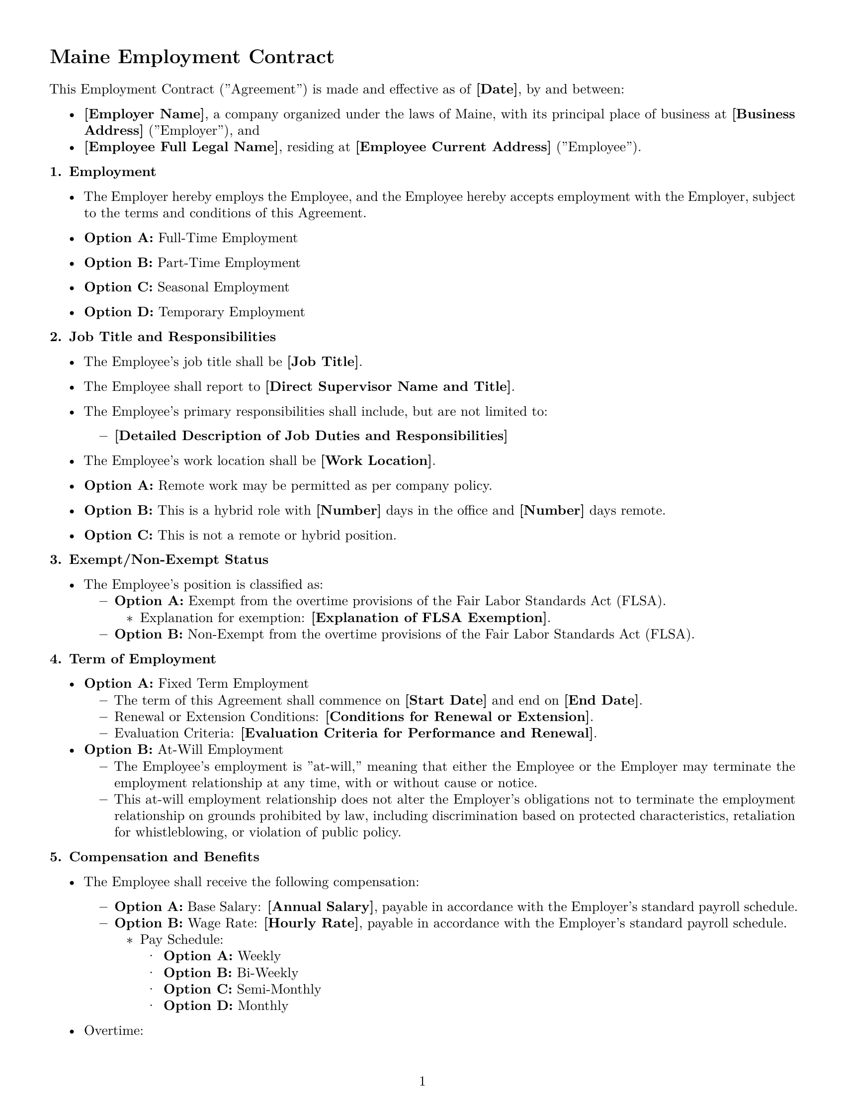 Preview page 1 of Free Maine employment contract template