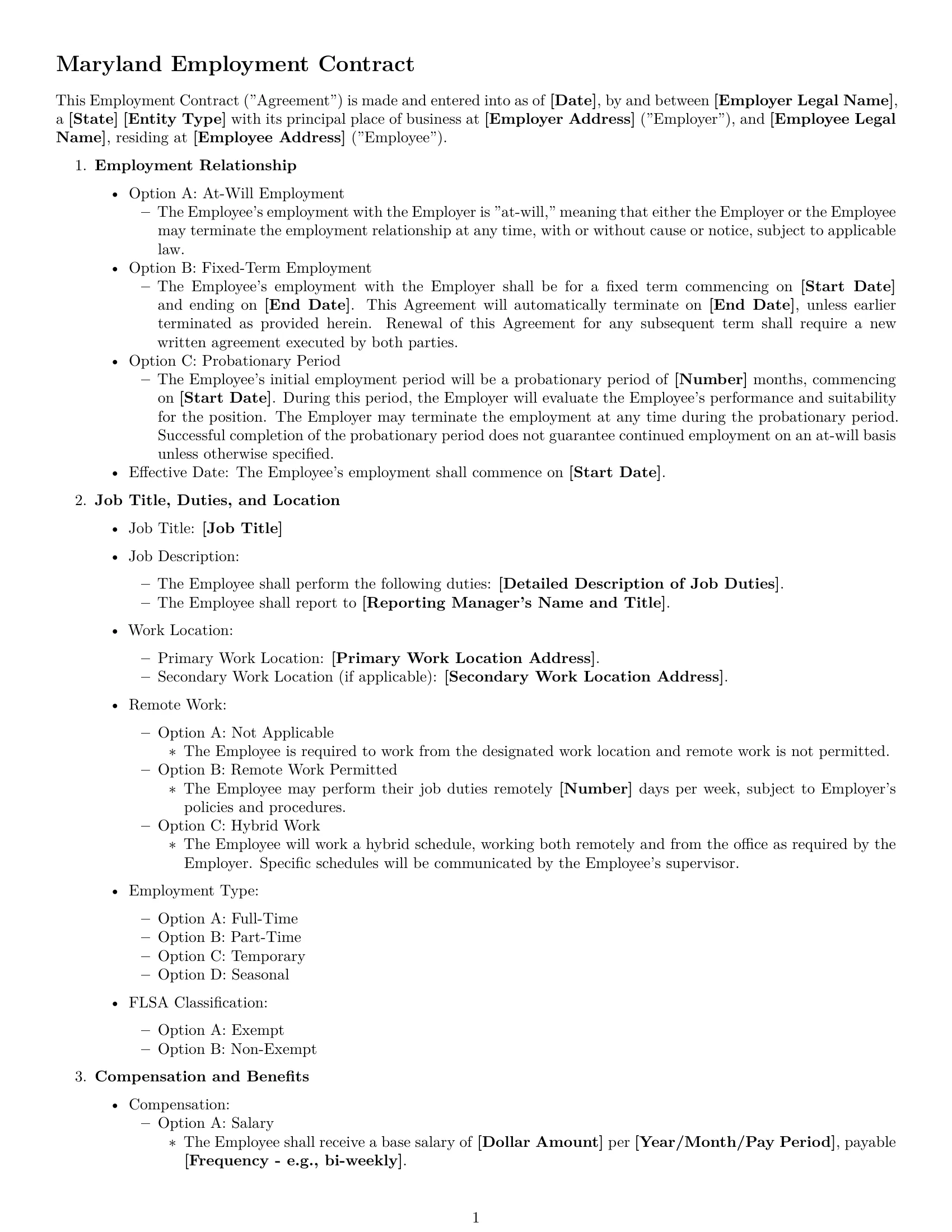Preview page 1 of Free Maryland employment contract template