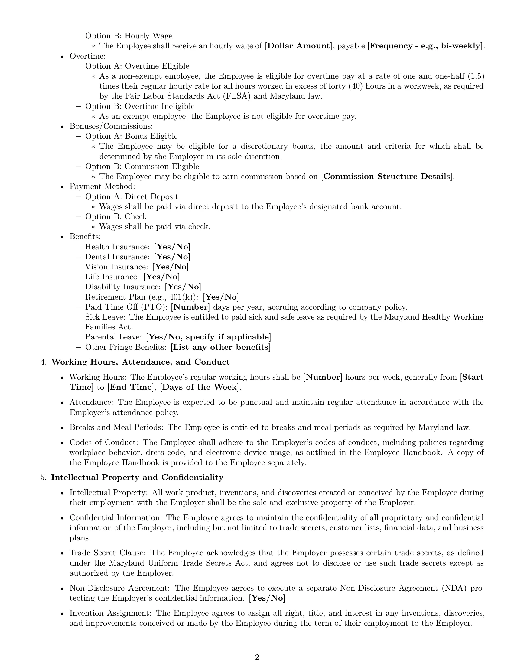 Preview page 2 of Free Maryland employment contract template