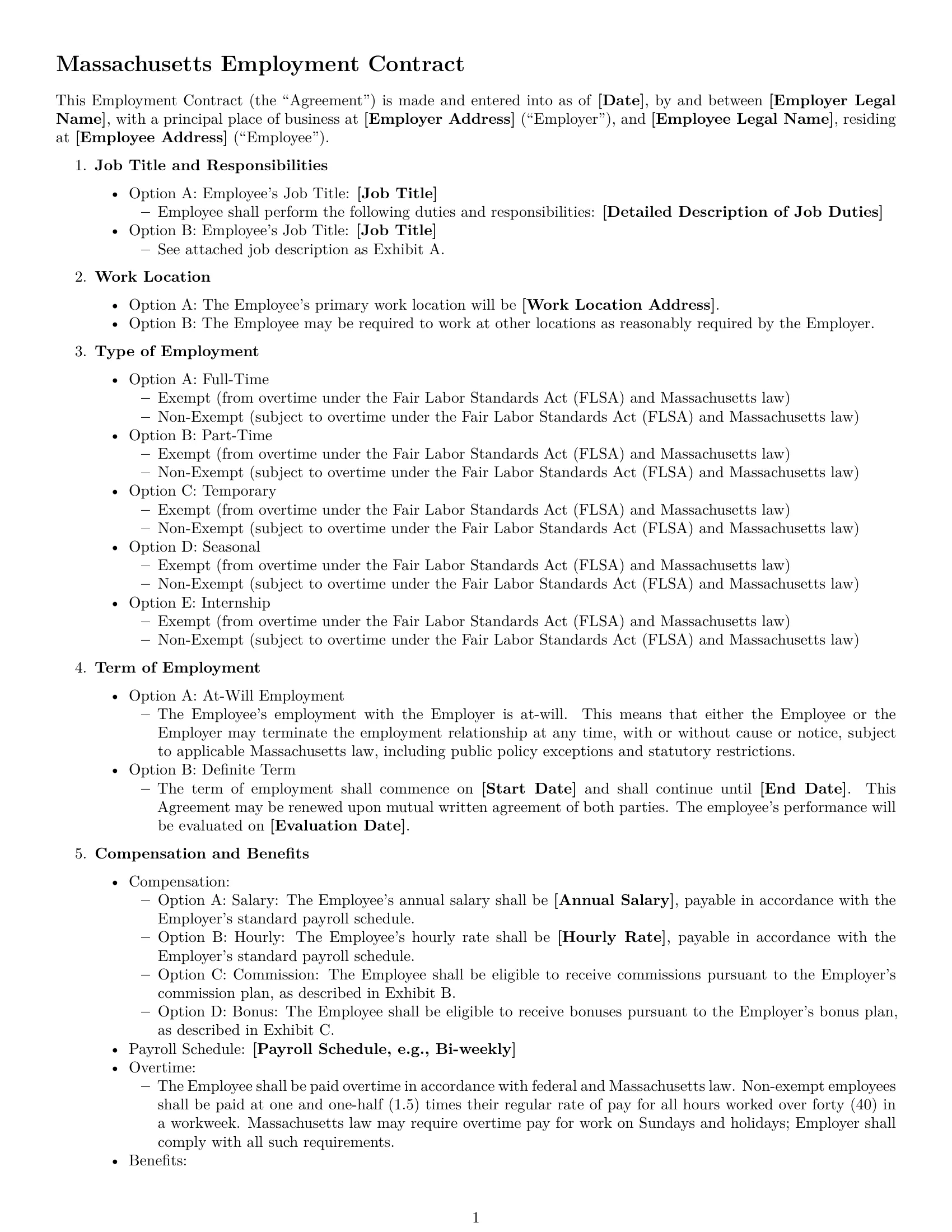Preview page 1 of Free Massachusetts employment contract template