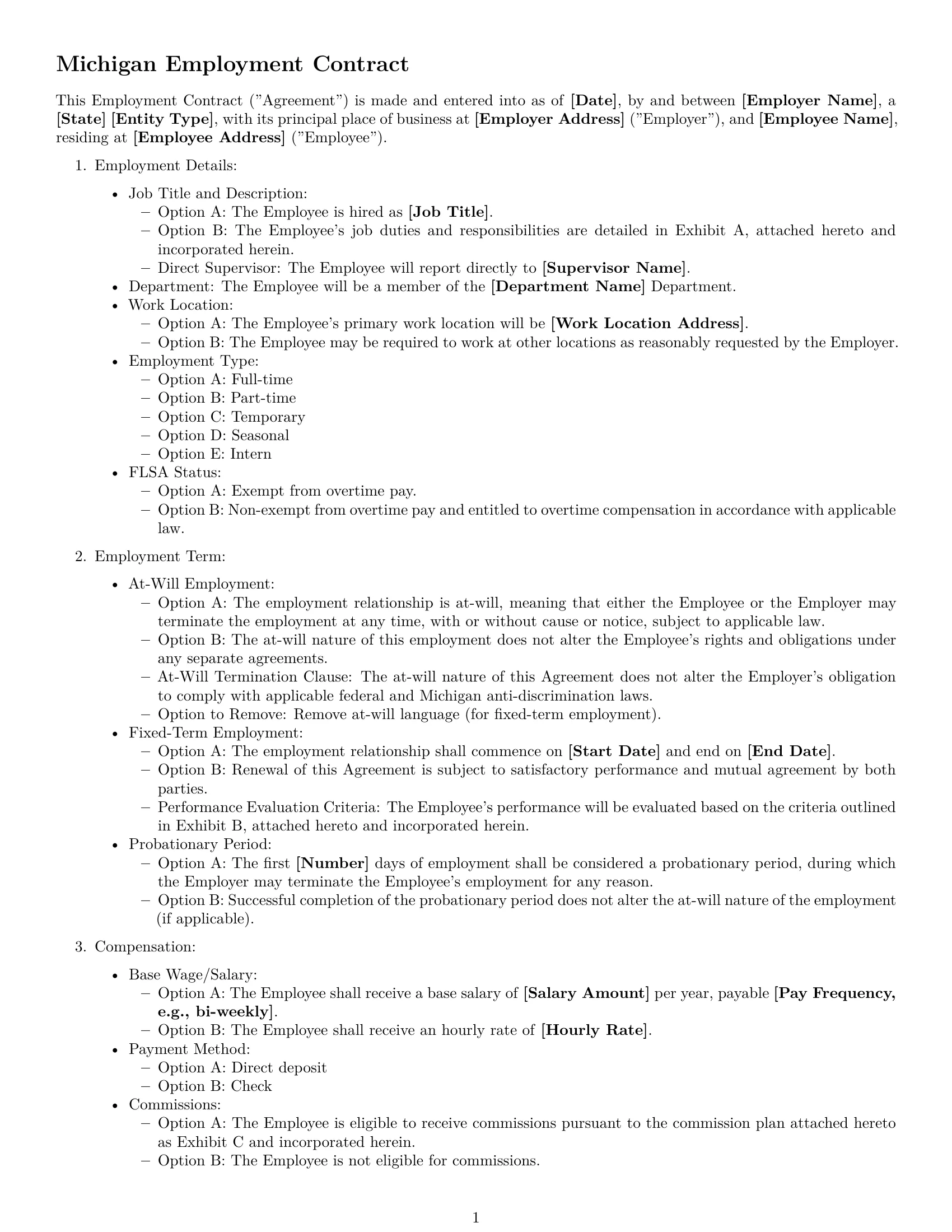 Preview page 1 of Free Michigan employment contract template