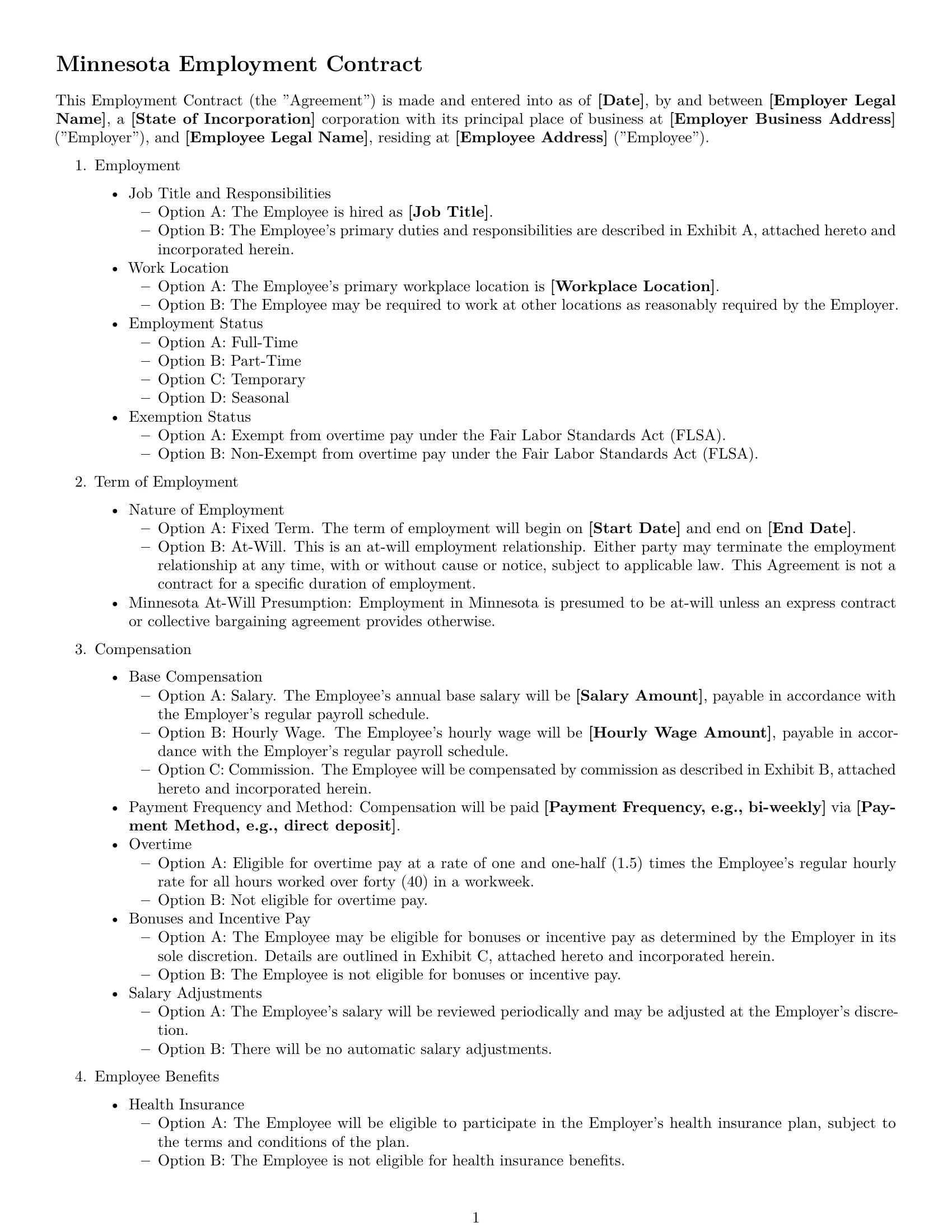Preview page 1 of Free Minnesota employment contract template