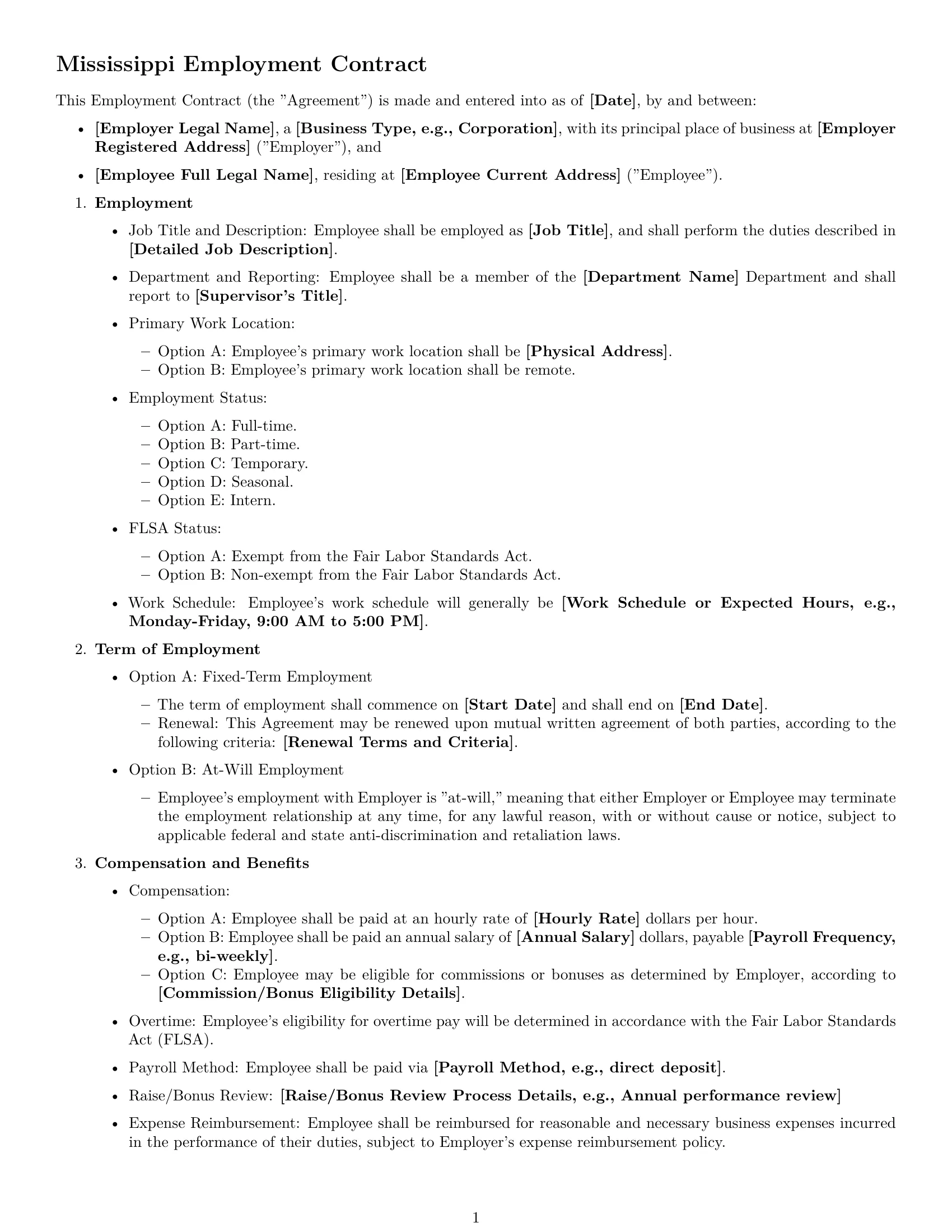 Preview page 1 of Free Mississippi employment contract template