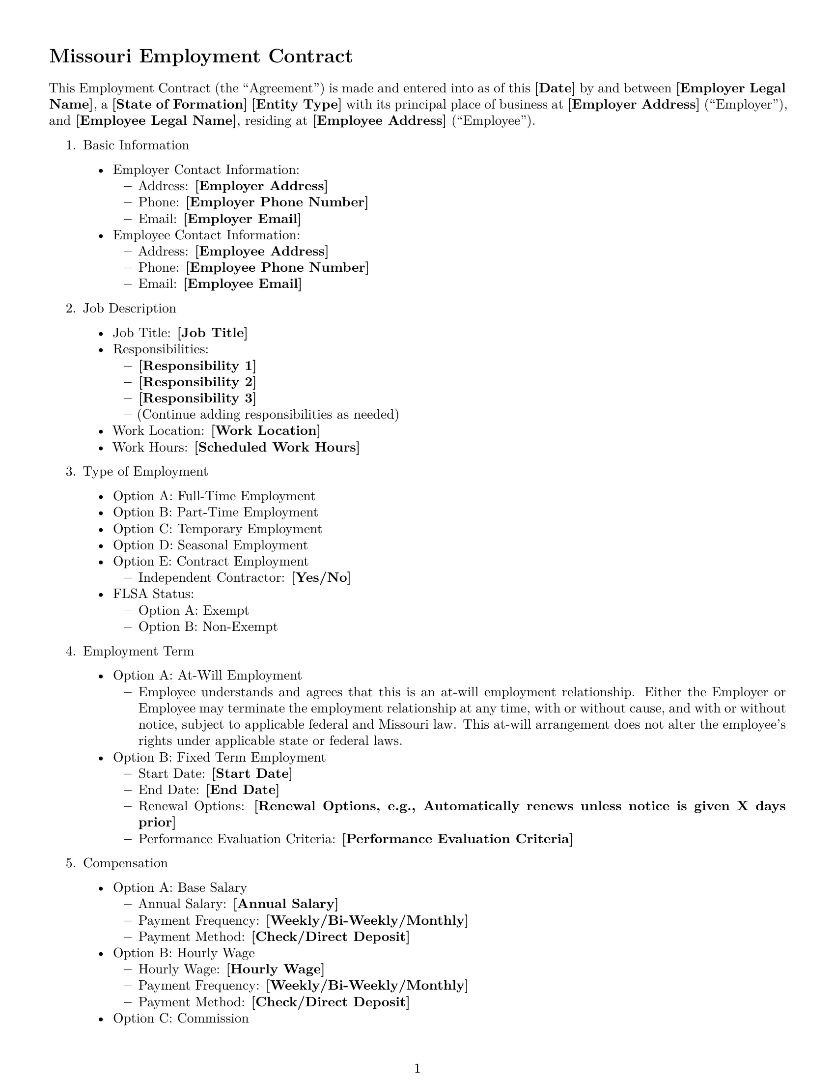 Preview page 1 of Free Missouri employment contract template