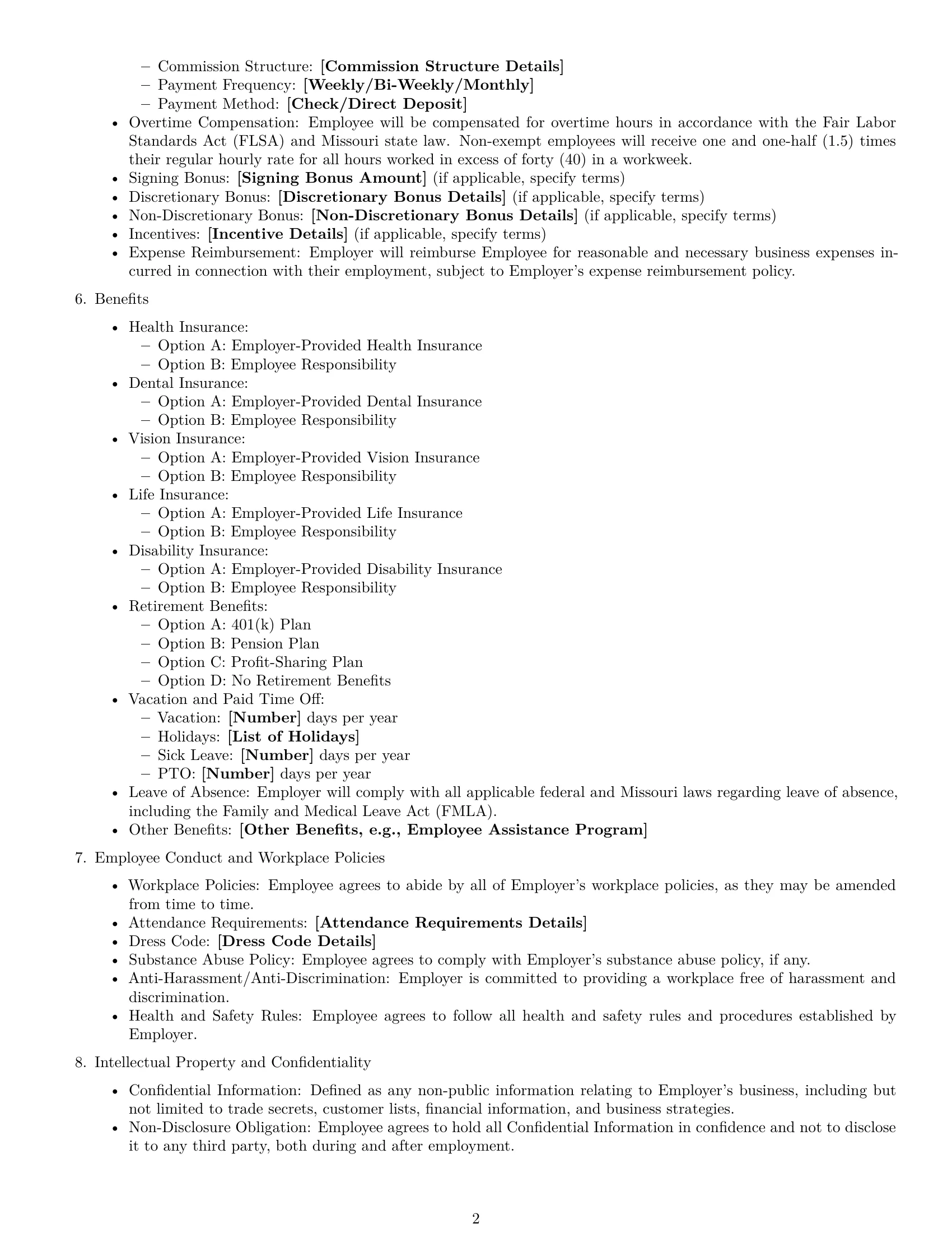 Preview page 2 of Free Missouri employment contract template