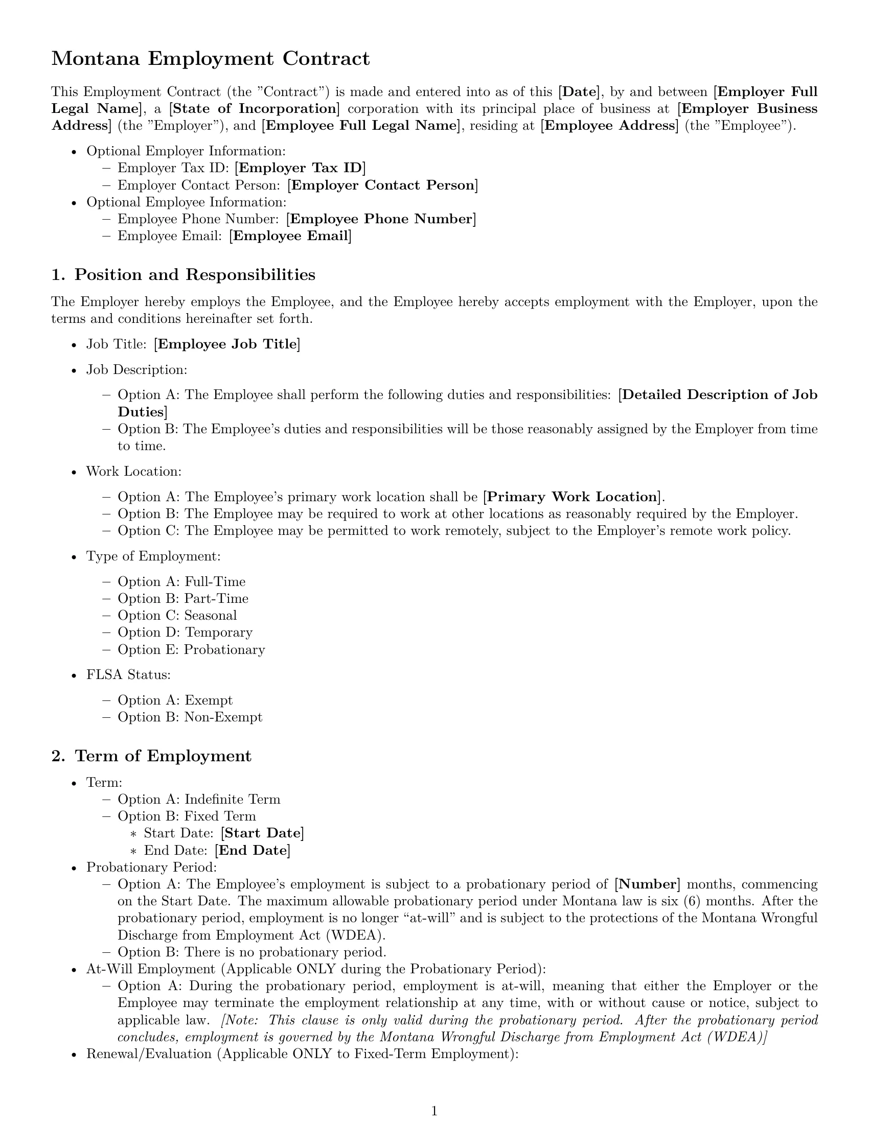 Preview page 1 of Free Montana employment contract template