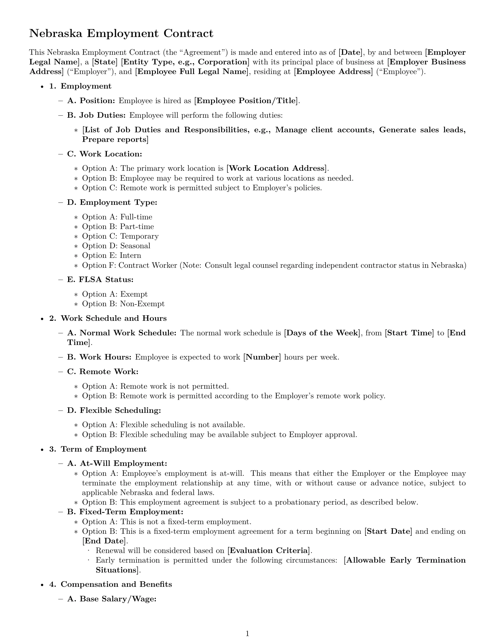 Preview page 1 of Free Nebraska employment contract template