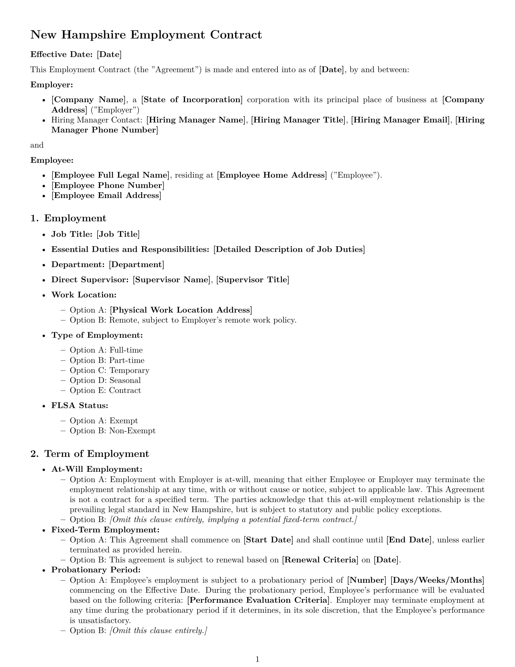 Preview page 1 of Free New Hampshire employment contract template