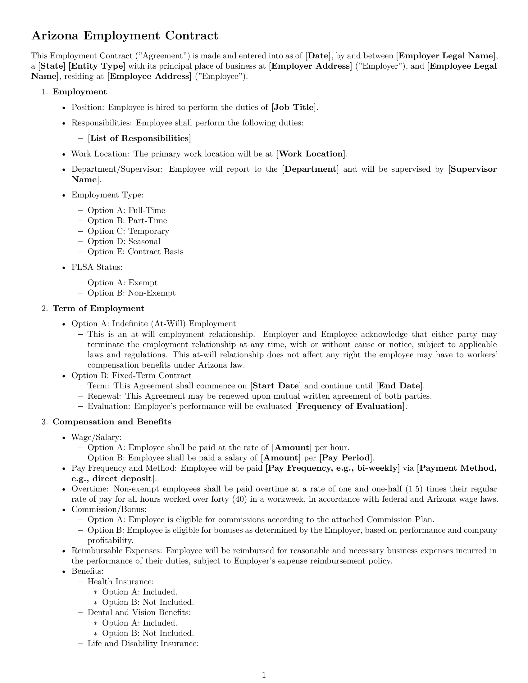 Preview page 1 of Free Arizona employment contract template