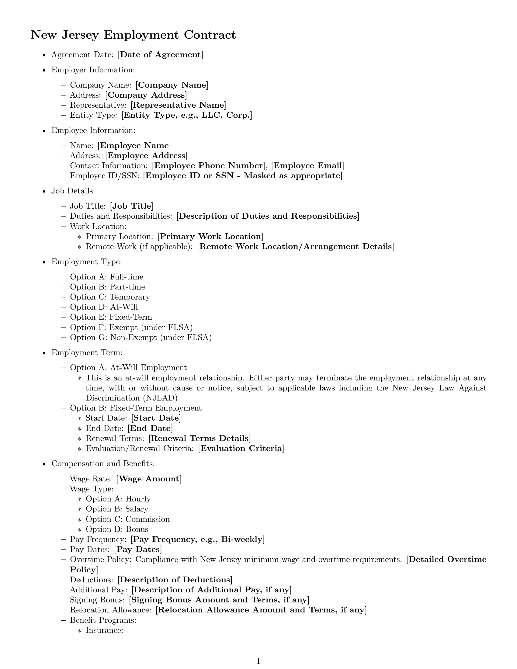 Preview page 1 of Free New Jersey employment contract template