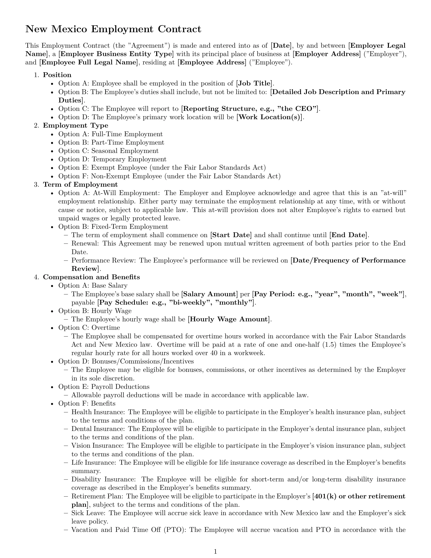 Preview page 1 of Free New Mexico employment contract template