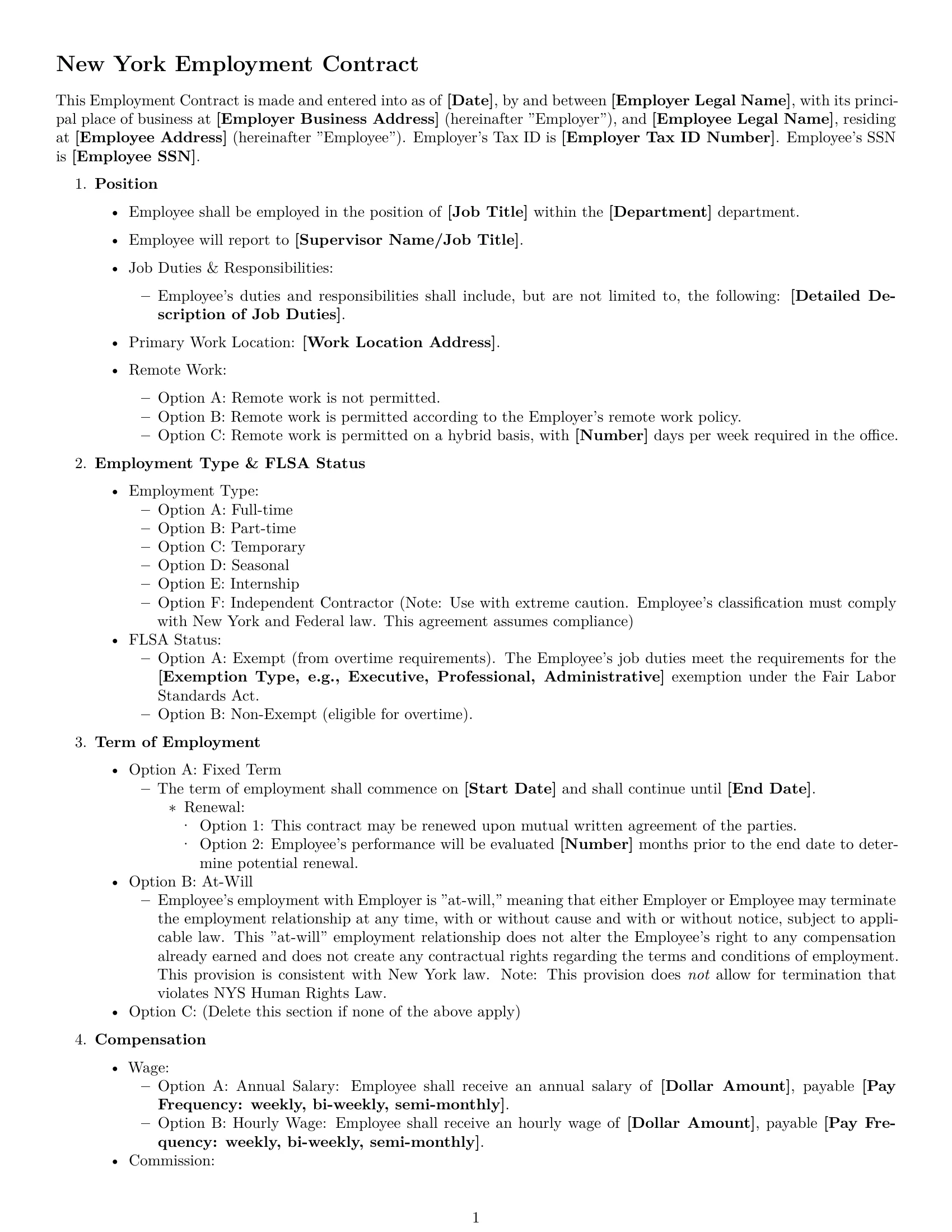 Preview page 1 of Free New York employment contract template