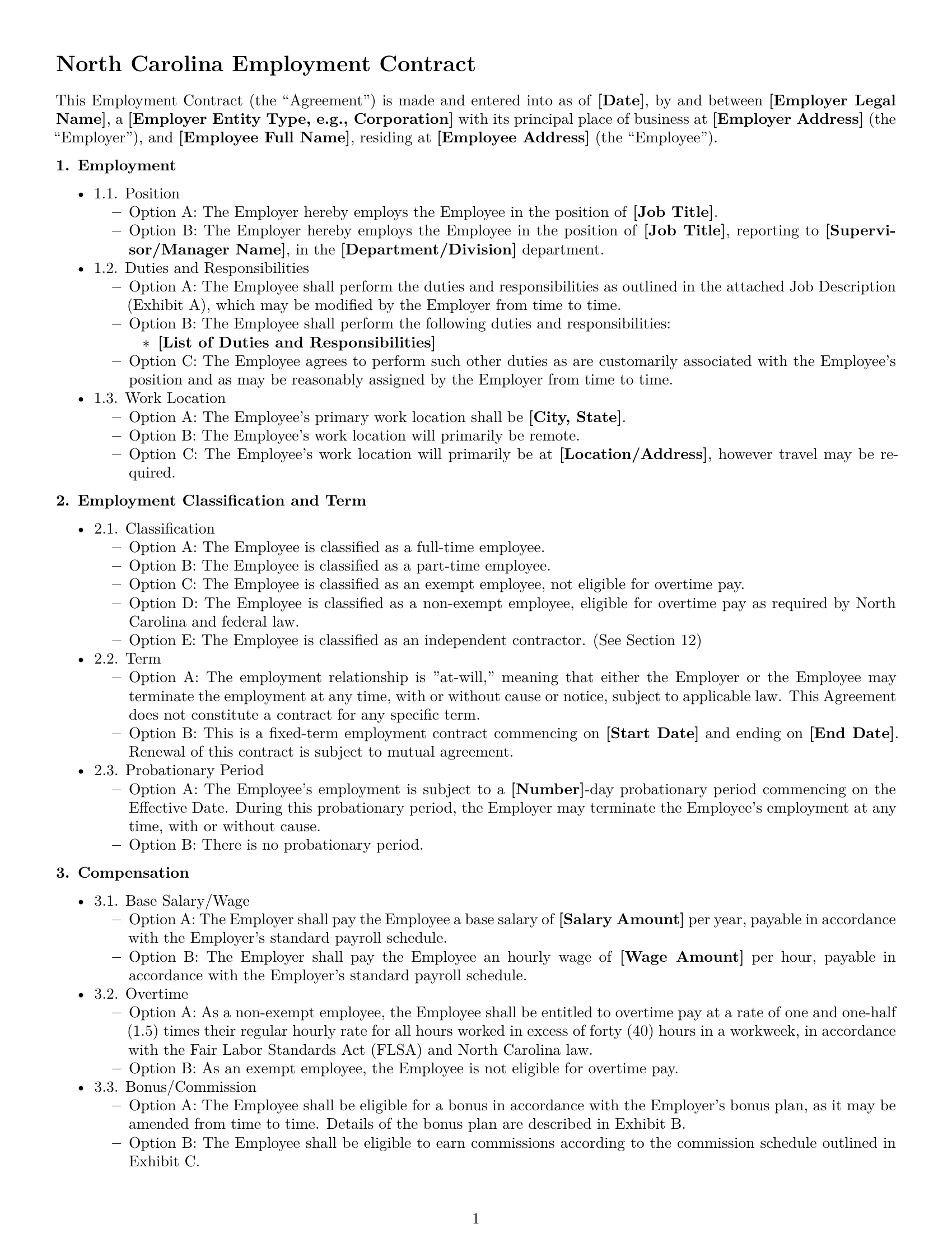 Preview page 1 of Free North Carolina employment contract template