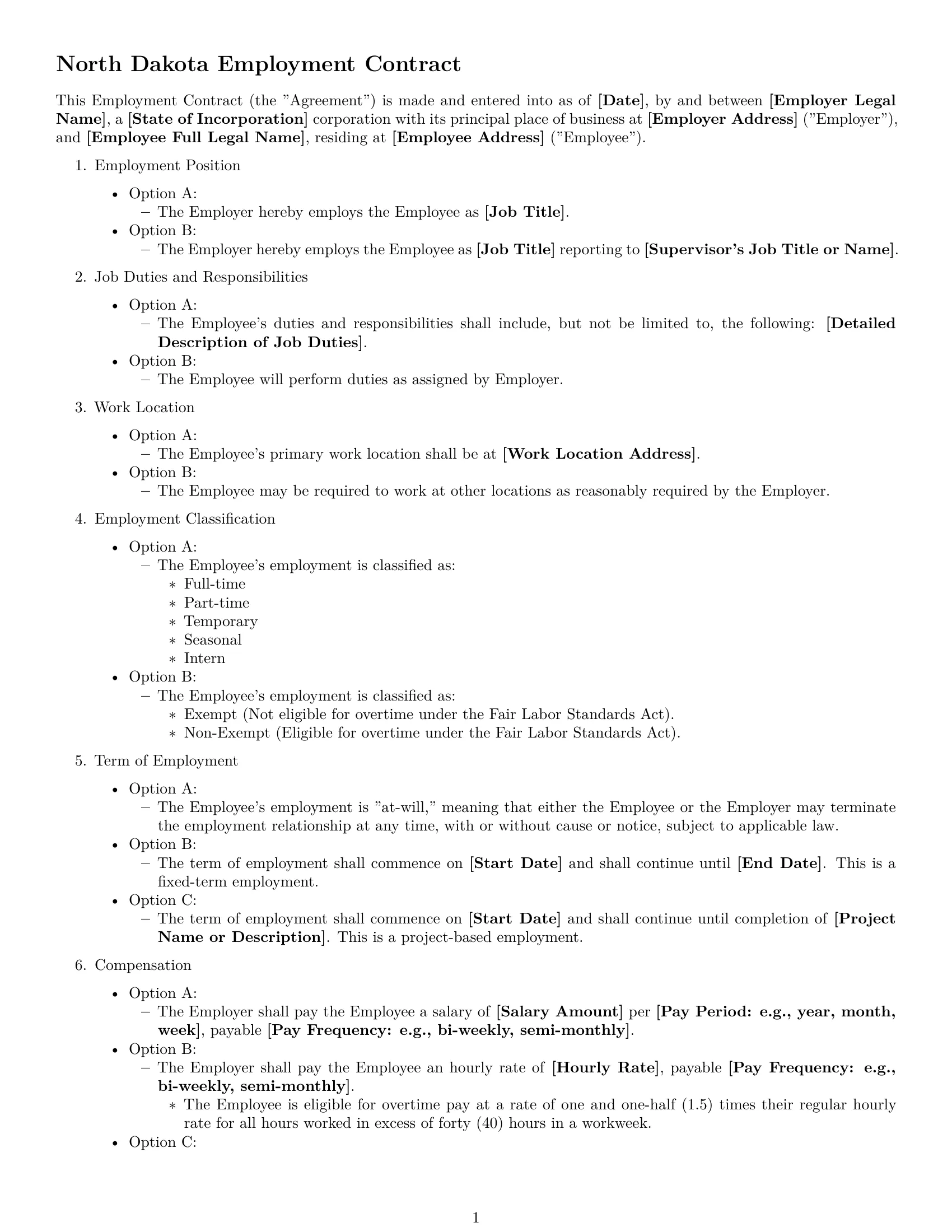 Preview page 1 of Free North Dakota employment contract template