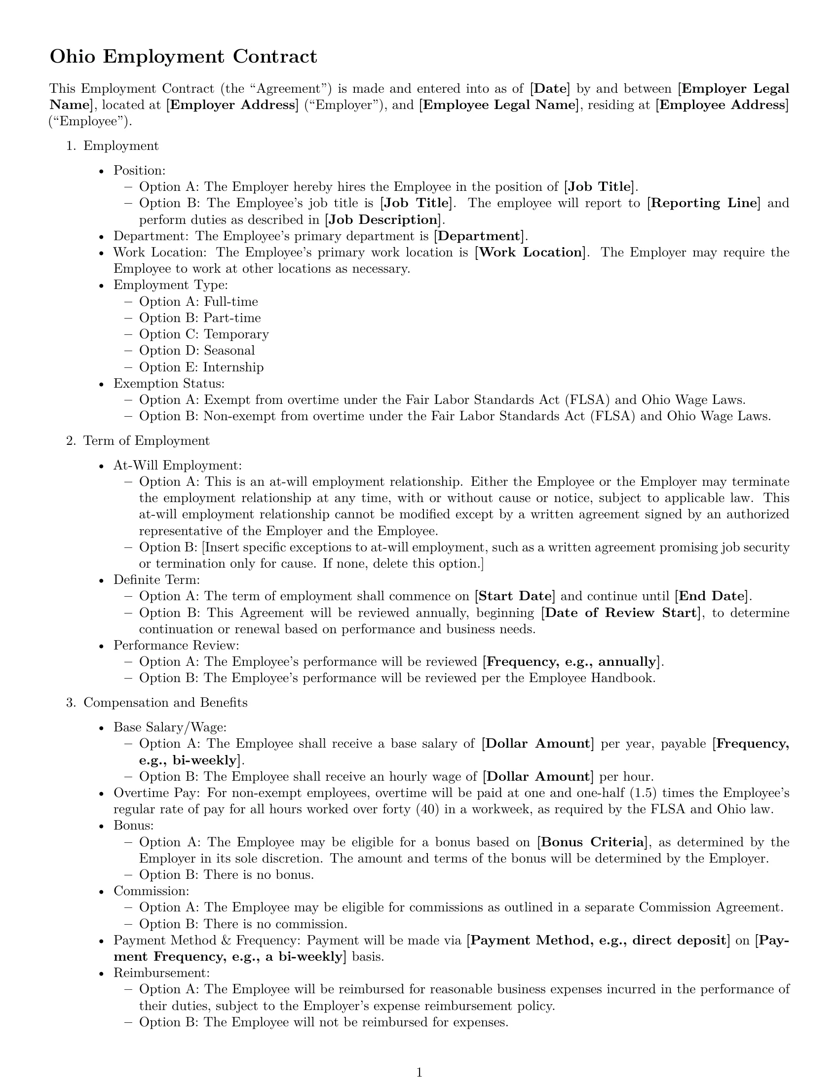 Preview page 1 of Free Ohio employment contract template