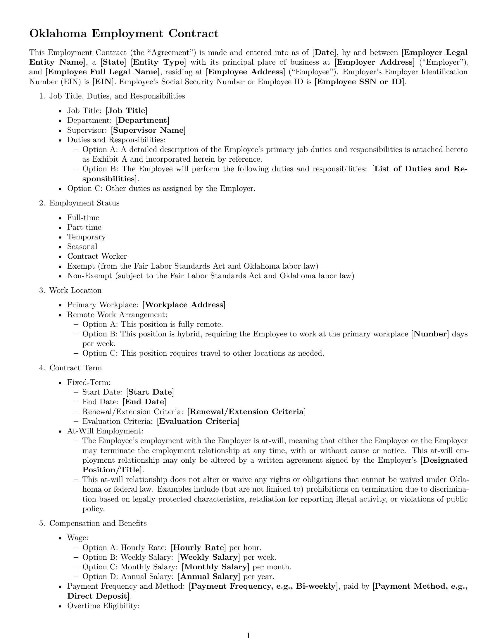 Preview page 1 of Free Oklahoma employment contract template