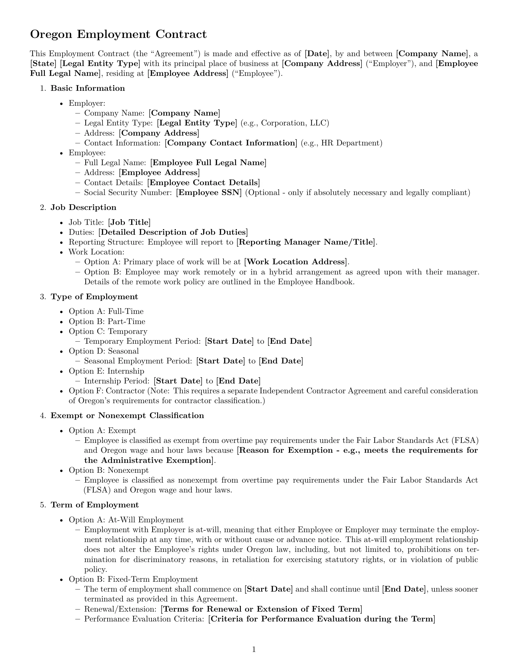 Preview page 1 of Free Oregon employment contract template
