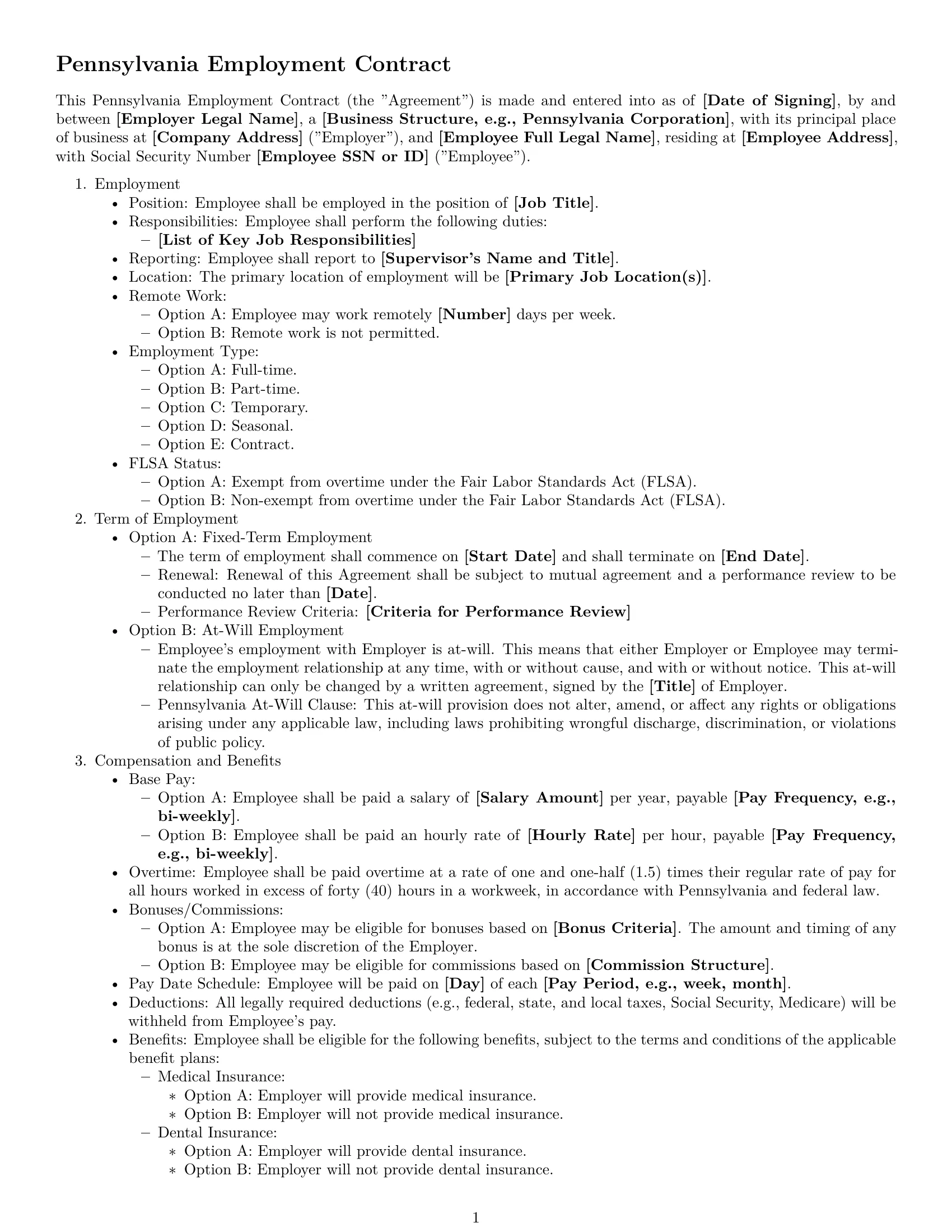 Preview page 1 of Free Pennsylvania employment contract template
