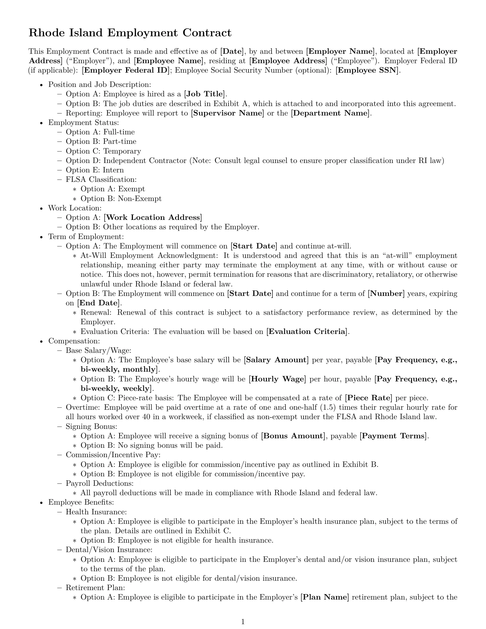 Preview page 1 of Free Rhode Island employment contract template