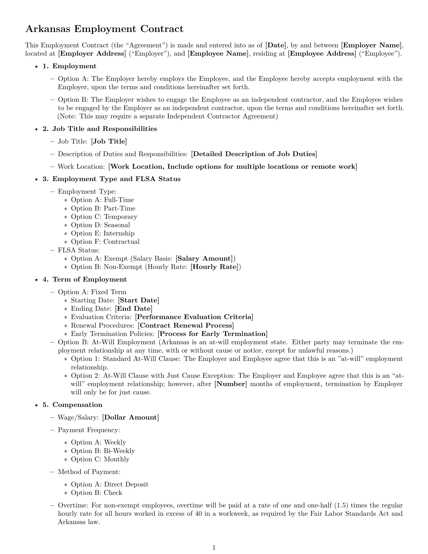 Preview page 1 of Free Arkansas employment contract template