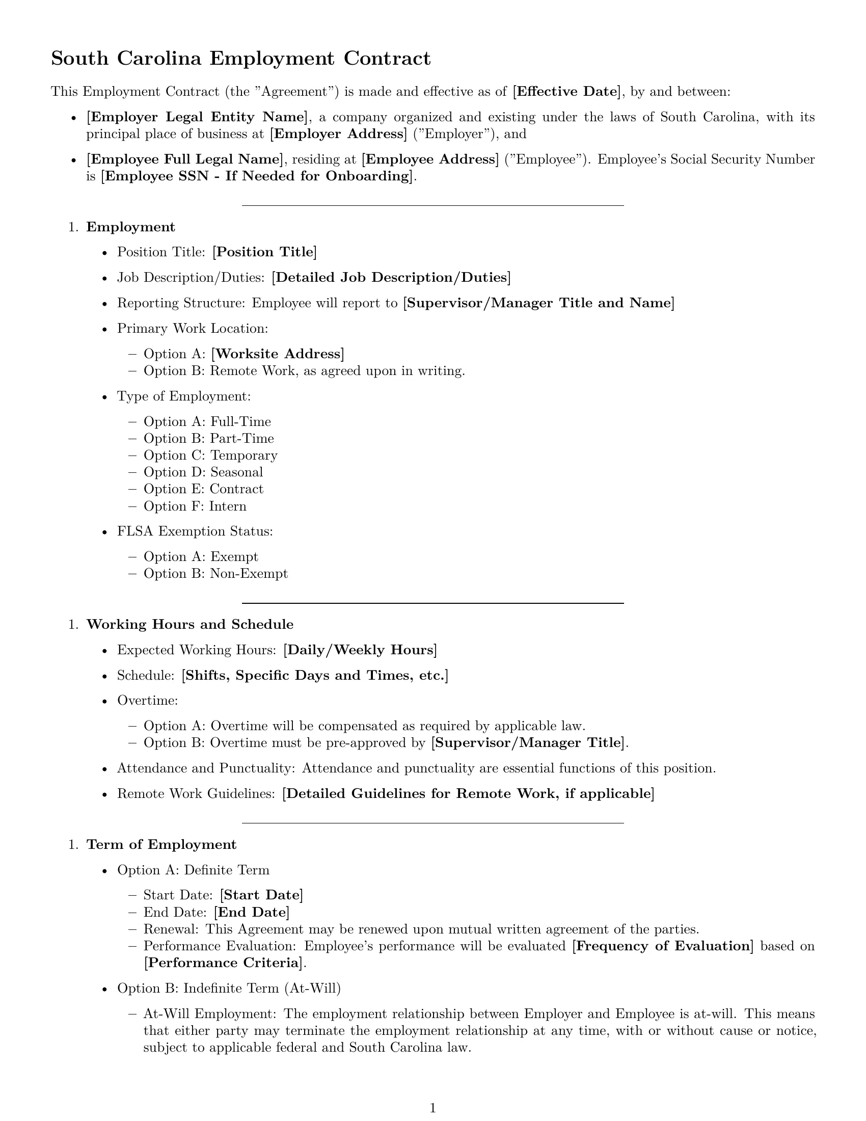 Preview page 1 of Free South Carolina employment contract template