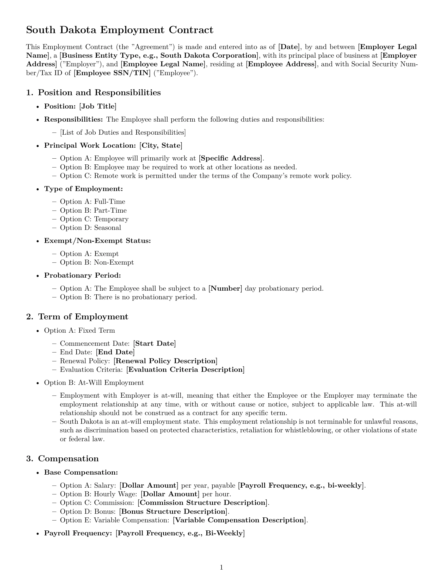 Preview page 1 of Free South Dakota employment contract template
