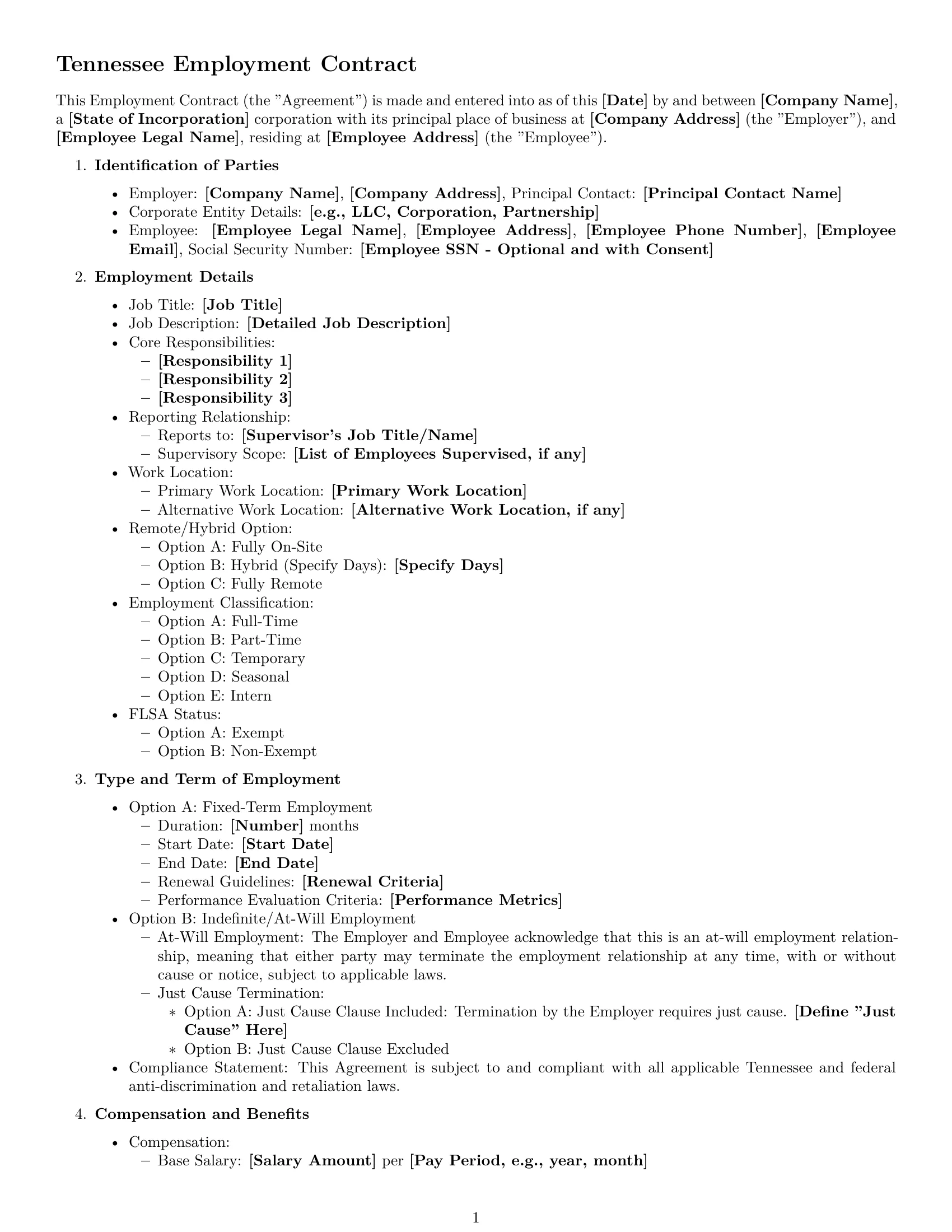 Preview page 1 of Free Tennessee employment contract template