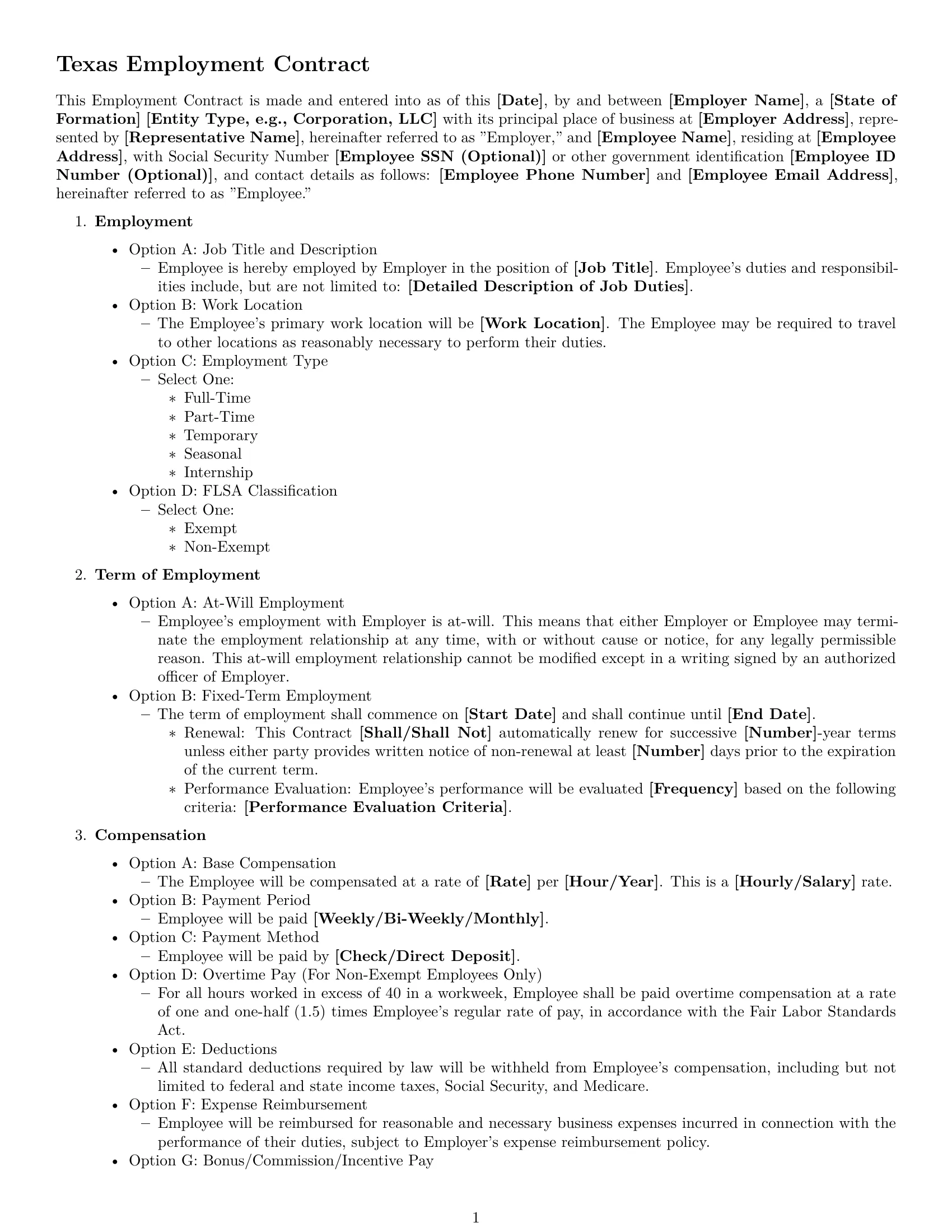 Preview page 1 of Free Texas employment contract template
