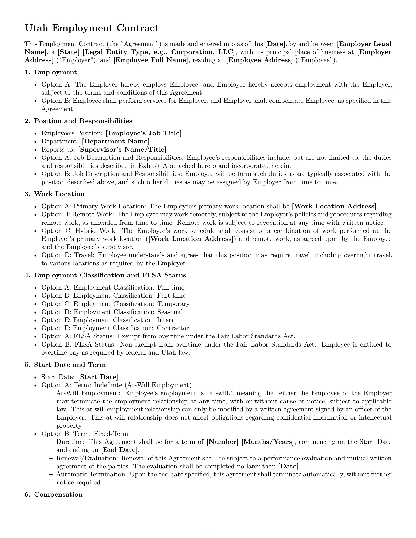 Preview page 1 of Free Utah employment contract template
