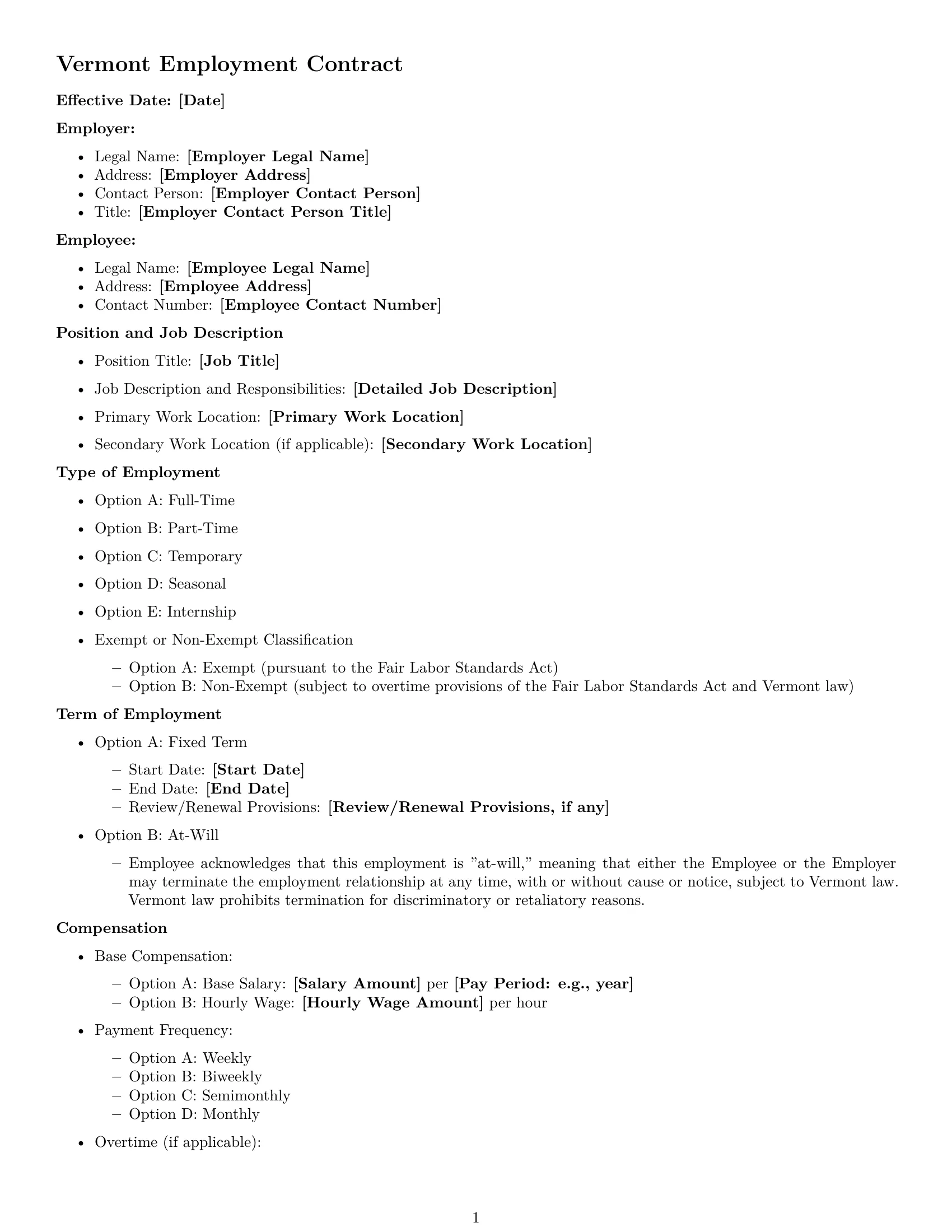 Preview page 1 of Free Vermont employment contract template