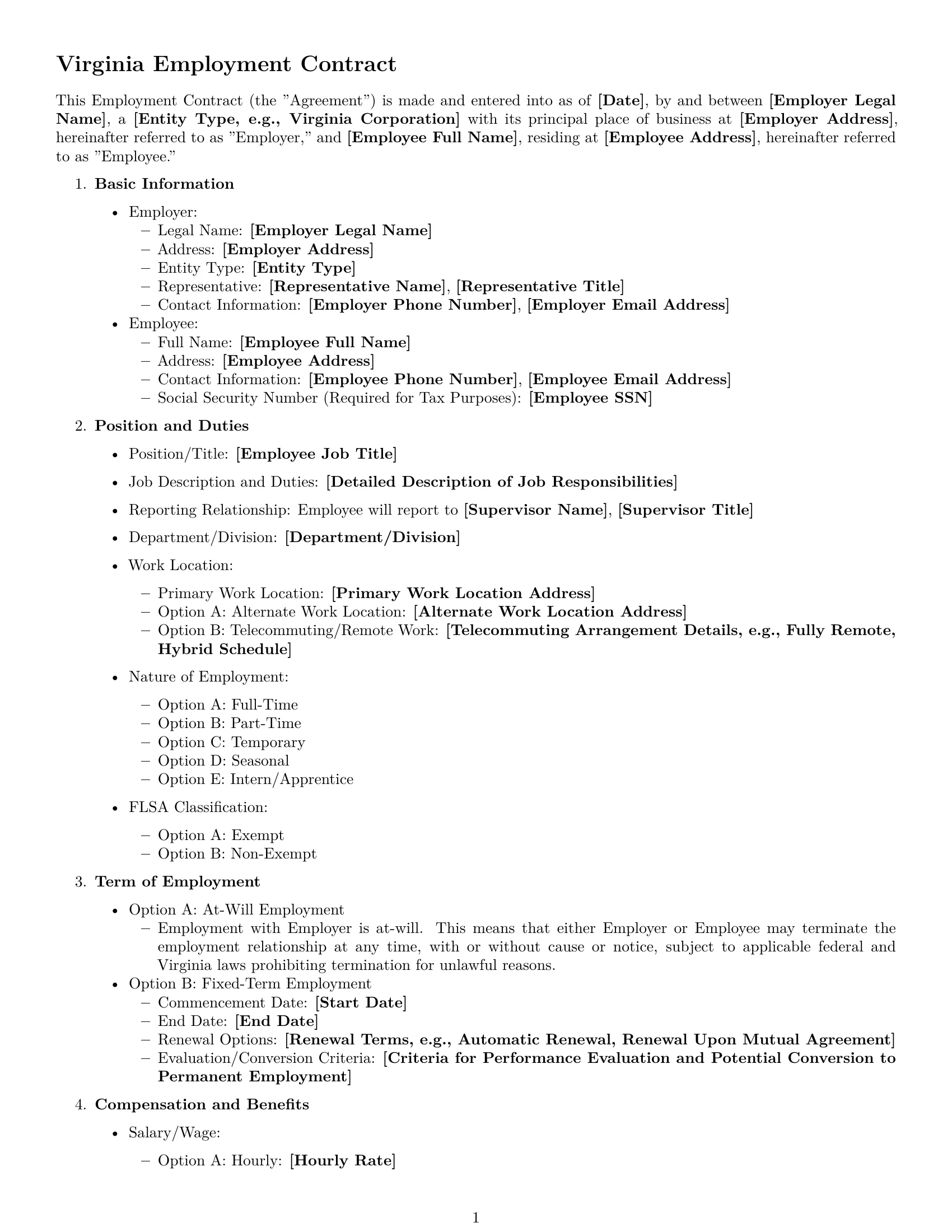 Preview page 1 of Free Virginia employment contract template