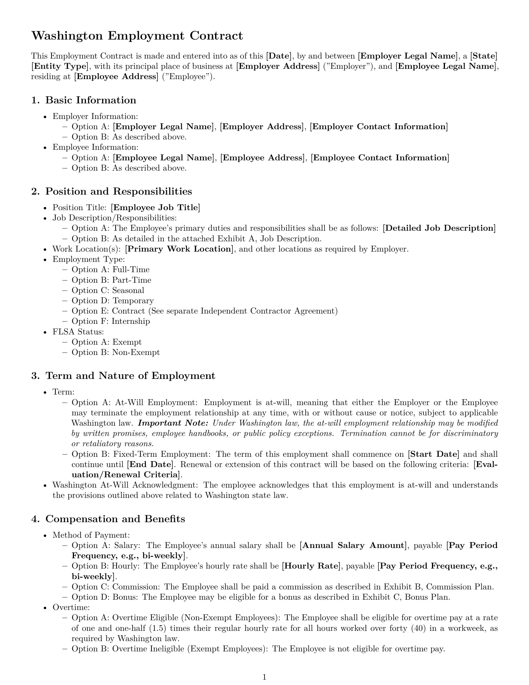 Preview page 1 of Free Washington employment contract template