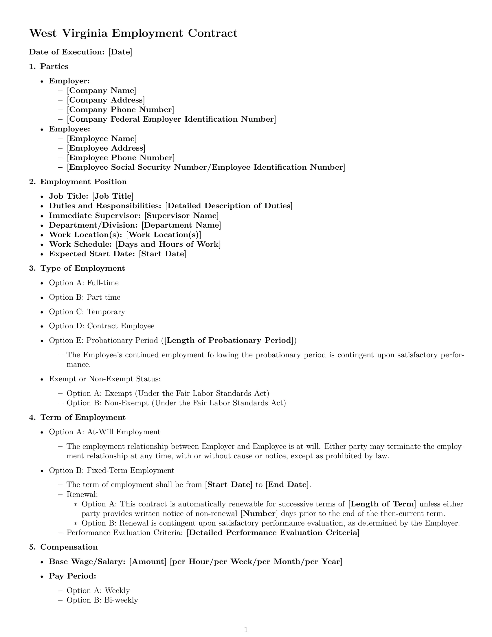 Preview page 1 of Free West Virginia employment contract template