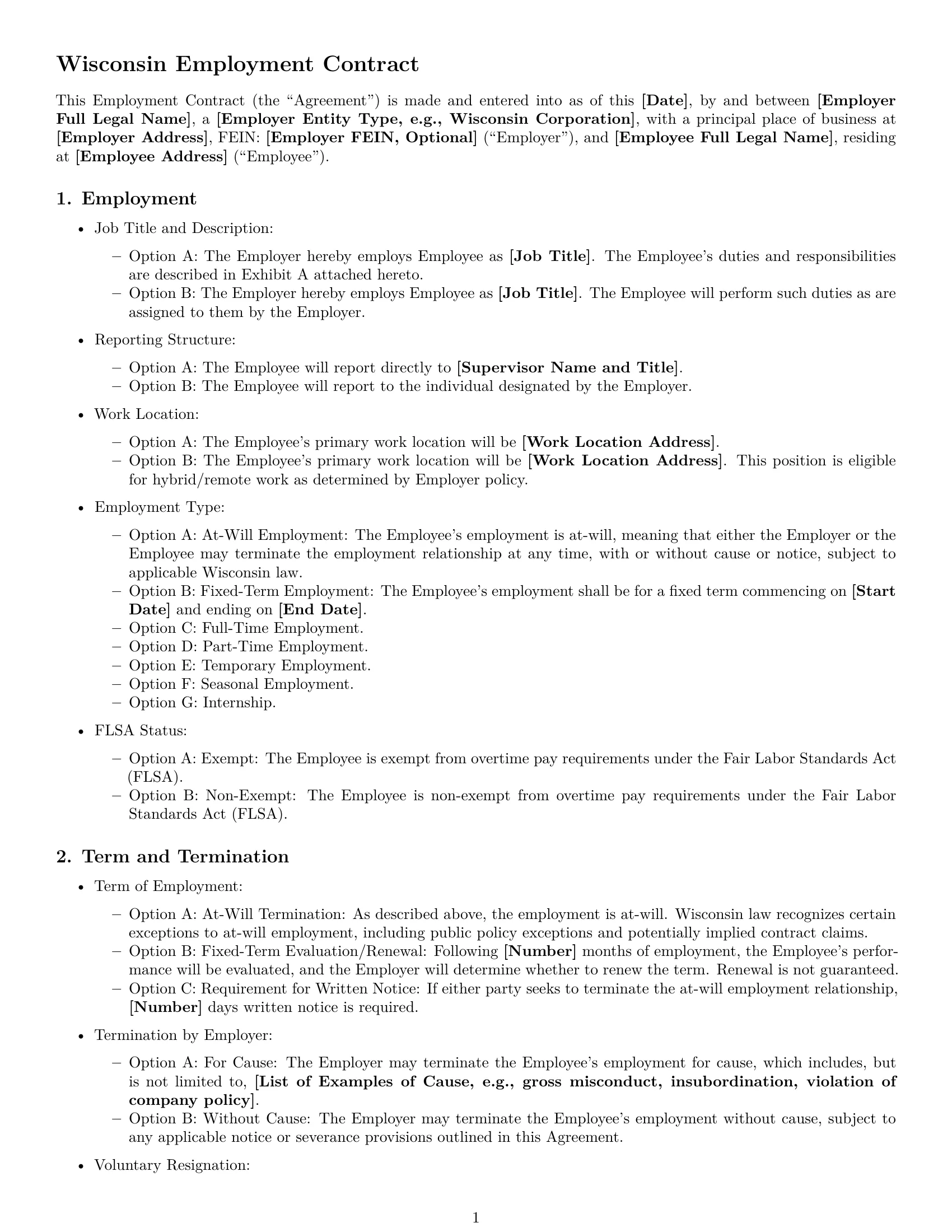Preview page 1 of Free Wisconsin employment contract template