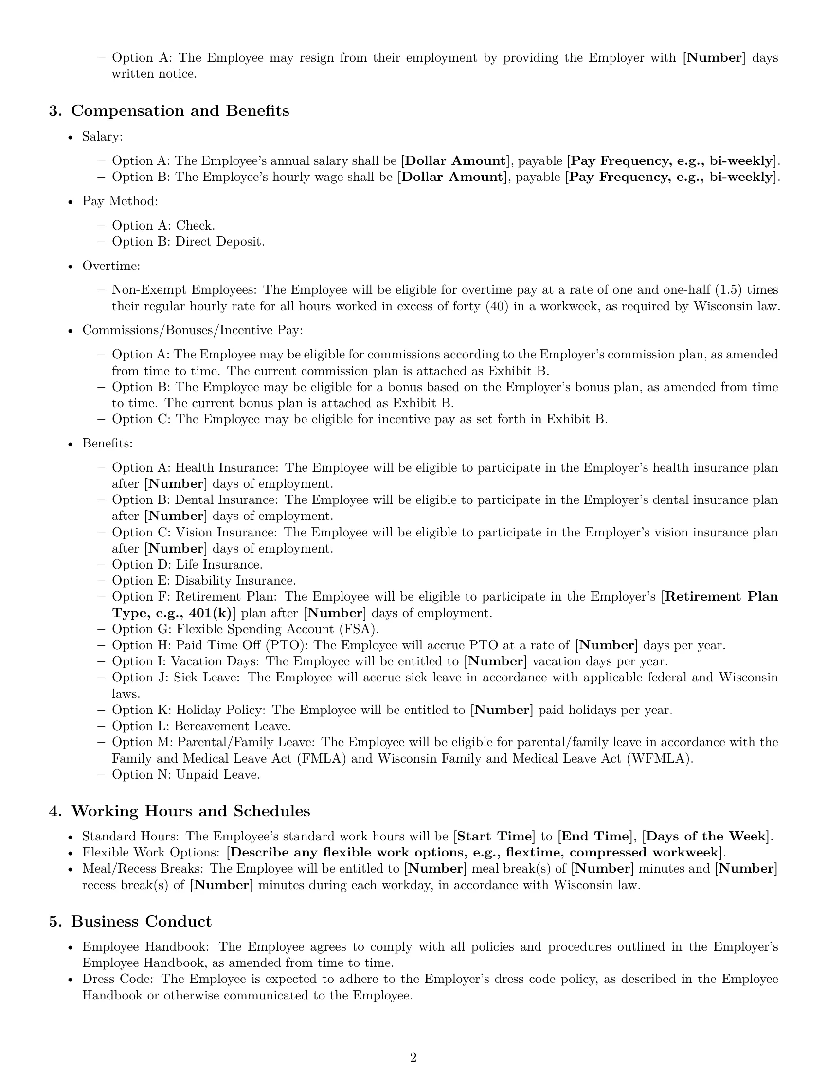 Preview page 2 of Free Wisconsin employment contract template