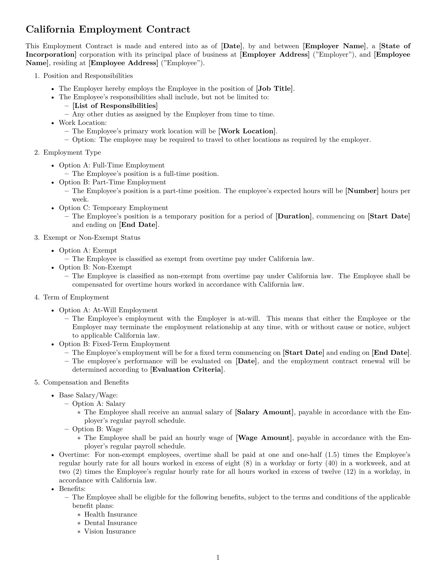 Preview page 1 of Free California employment contract template