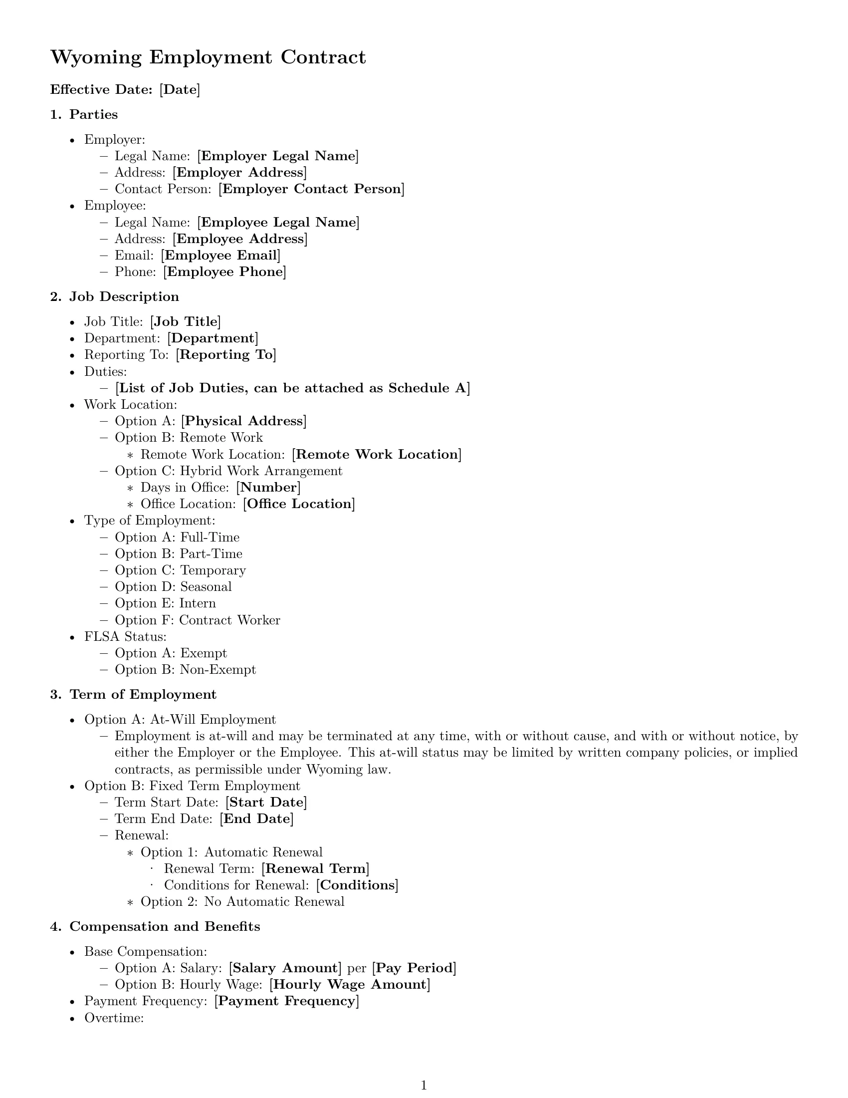 Preview page 1 of Free Wyoming employment contract template