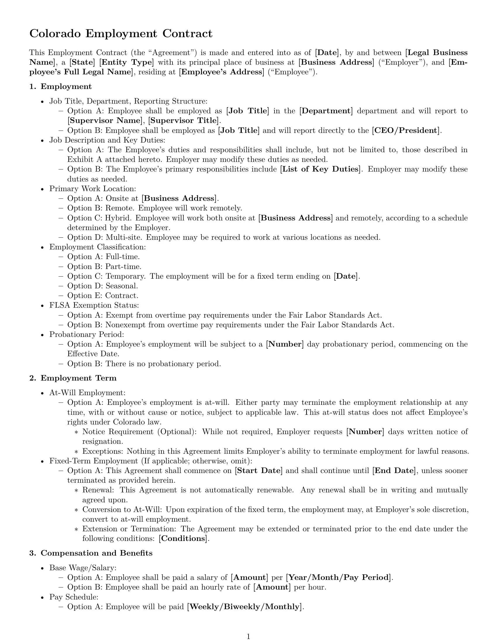 Preview page 1 of Free Colorado employment contract template