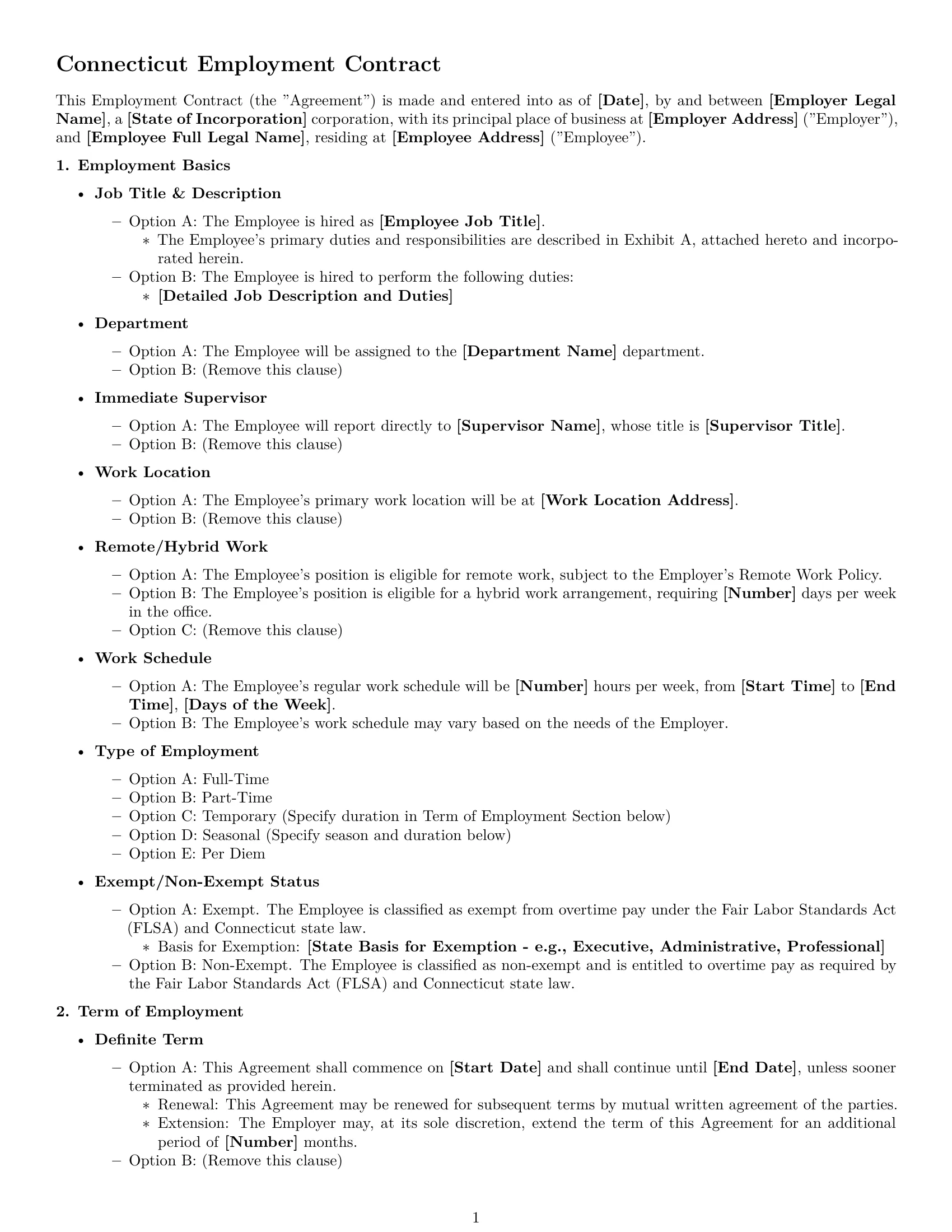 Preview page 1 of Free Connecticut employment contract template