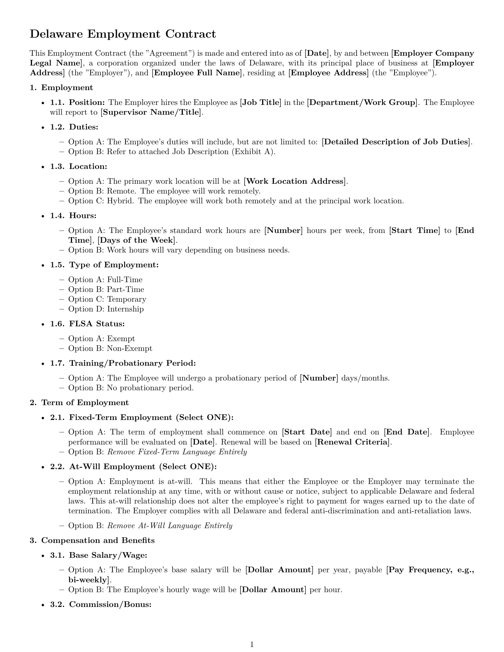 Preview page 1 of Free Delaware employment contract template